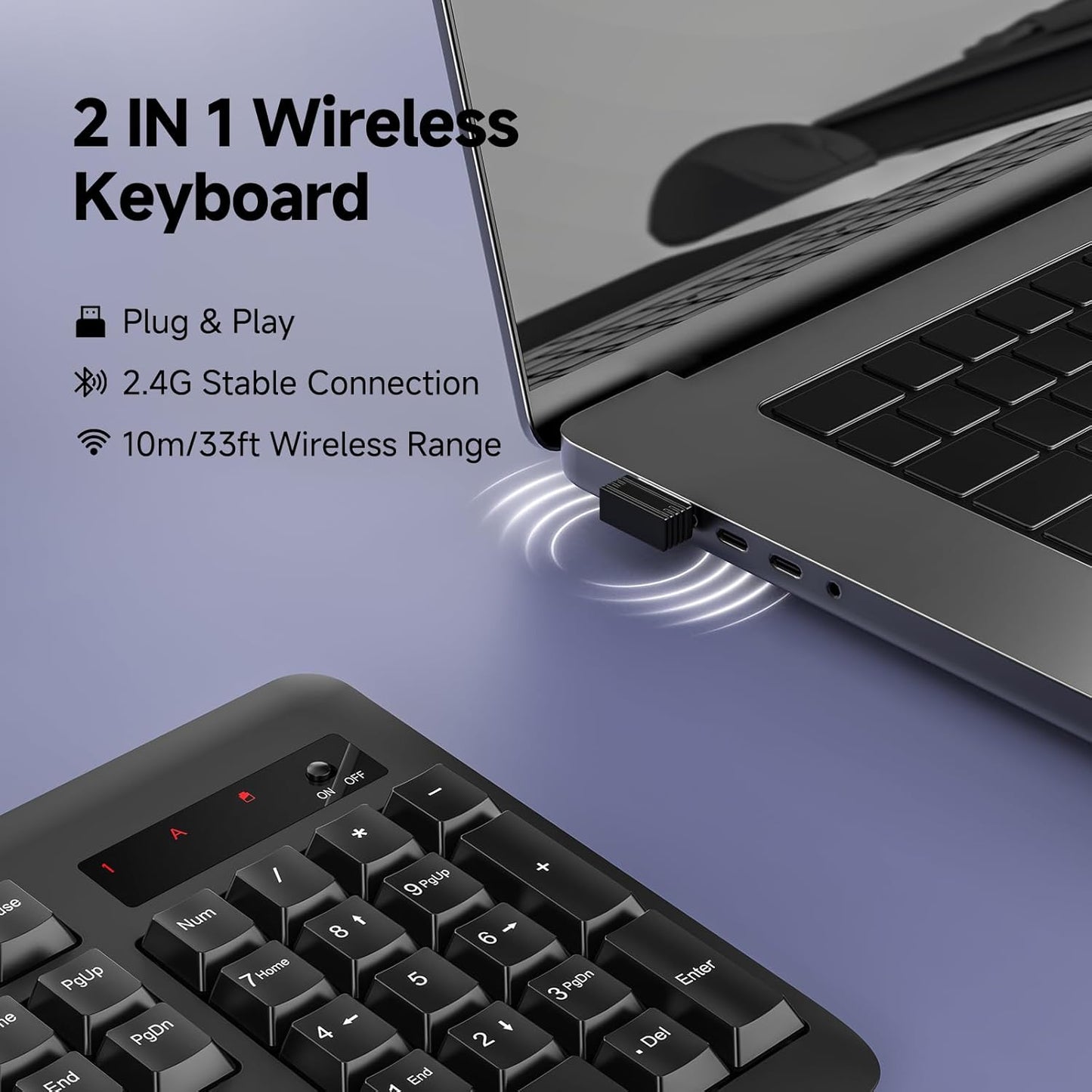 Redragon 2.4G 10 BK7367 Wireless Keyboard, Full-Sized Ergonomic Wireless Computer Keyboard with Individual Multimedia