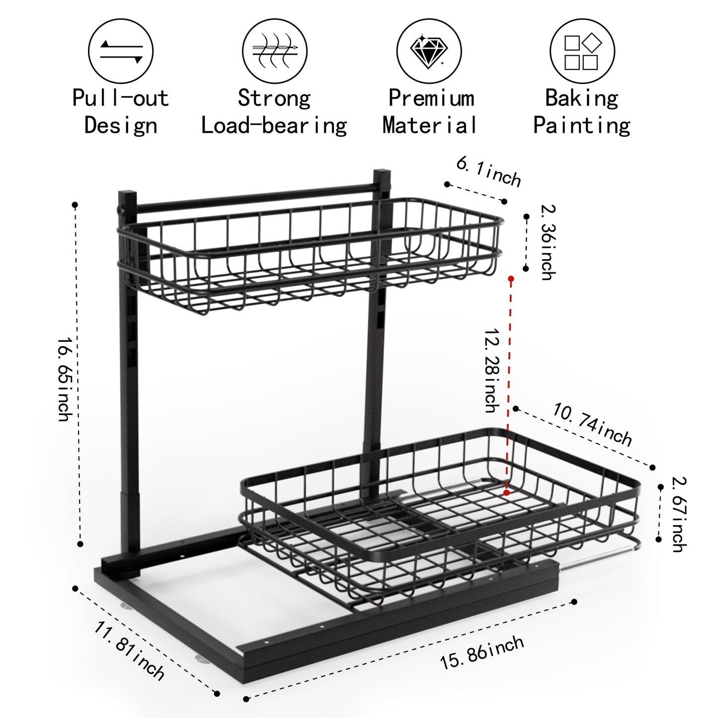 Uninol Under Sink Organizer, Adjustable Height Pull-Out Kitchen Storage Organization,15.8" x 11.8" x 16.5", 2-Tier Kitchen Shelf, Bathroom Drawer Organizer, 2 Pack|Black