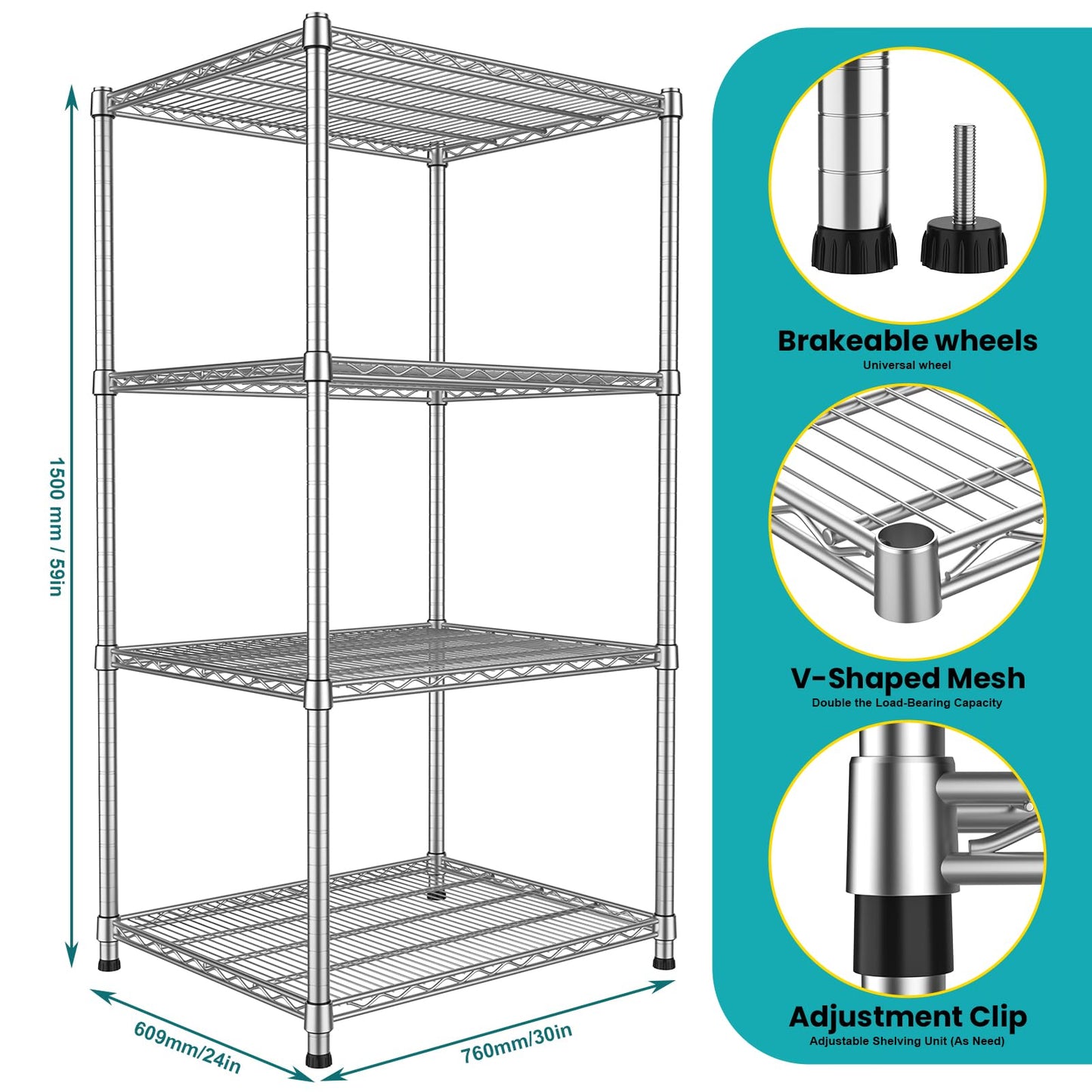 24"Depth Metal Wire Shelving Unit Metal Shelf Adjustable Storage Rack Kitchen Storage shelves 4 Tier Commercial Heavy-Duty 2200 LBS Sturdy Standing Steel for Home Garage Pantry 24"Dx 30"Wx59"H