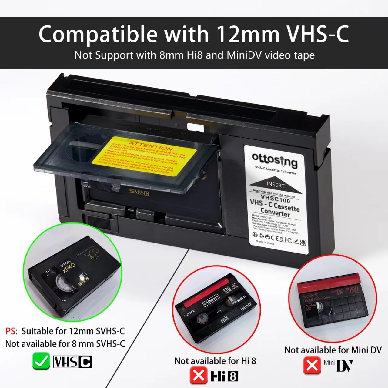 2025 Cassette Hi8, 8mm, New VHS-C to VHS Motorized Camcorder Adapter - Tape Converter for Playback on Standard VHSC