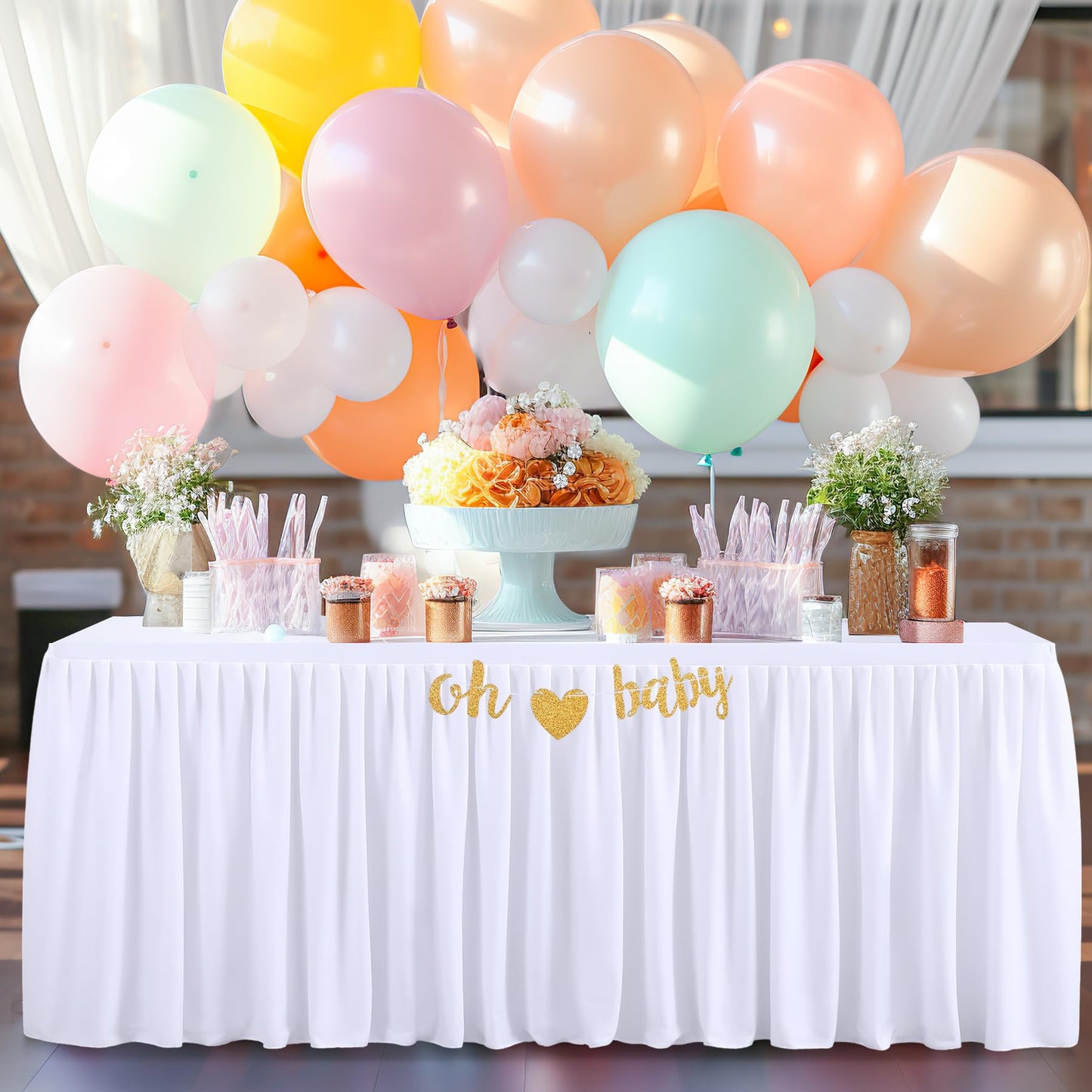 Party Talk White Polyester Table Clothes for 4 Foot Rectangle Tables, Wrinkle Free Fitted Table Cover 4ft Stretch Tablecloths with Skirt for Parties Weddings Birthday Banquet Baby Shower