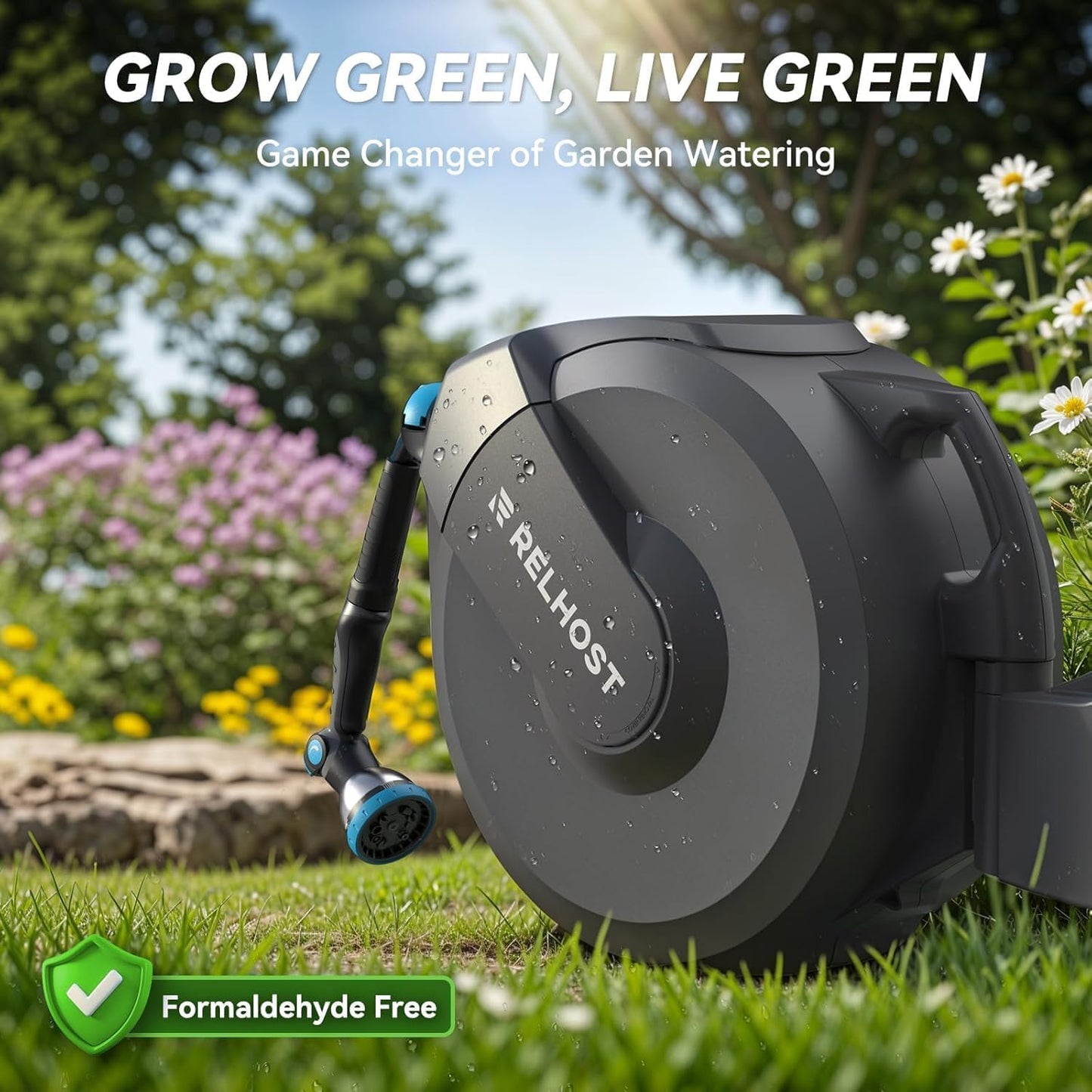 Relhost Retractable Garden Hose Reel, 5/8 in x 100 ft Wall Mount Heavy Duty Hose Reel with Any-Length Lock, Auto Rewind System, 180° Swivel Bracket, and 10-Pattern Nozzle for Garden, Dark Grey