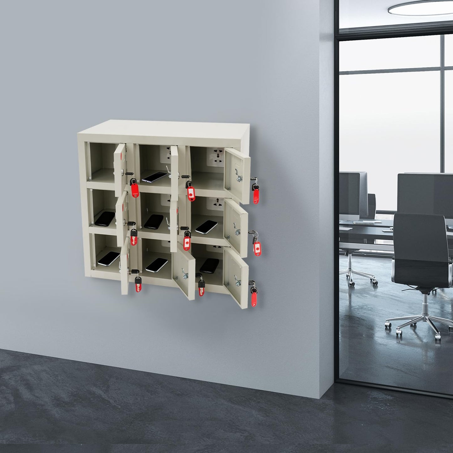 QUEWATSA 9 Slots Cell Phone Locker, Cell Mobile Phone Steel Locker, Cell Phone Locker with Charging Station, Rechargeable Mobile Phone Storage Cabinet with Individual Charging Outlets