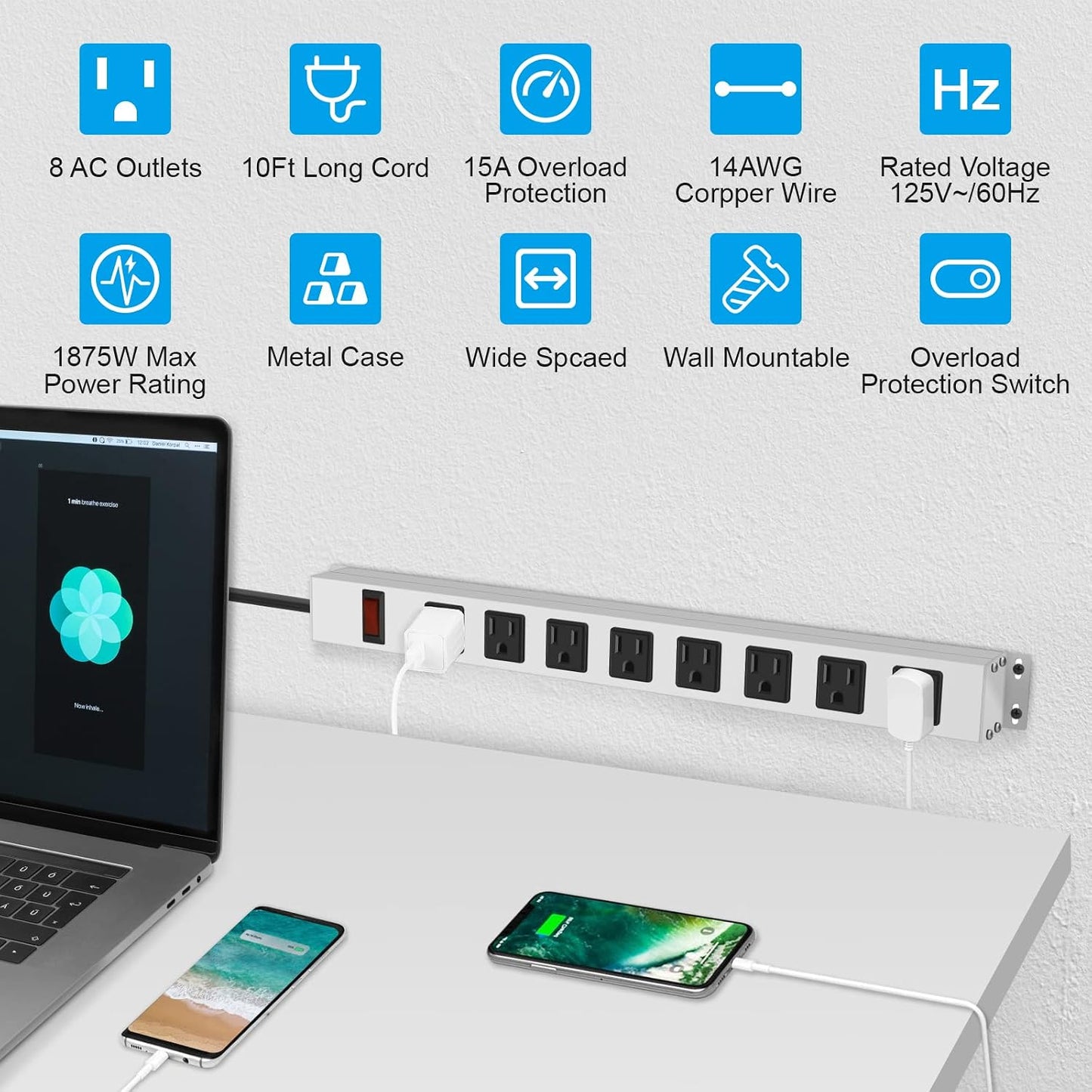 JUNNUJ 8 1200J 15A 125V 1875W, 10 14AWG Metal Outlet Power Strip, Mountable Heavy Duty Power Strip, Surge Protector
