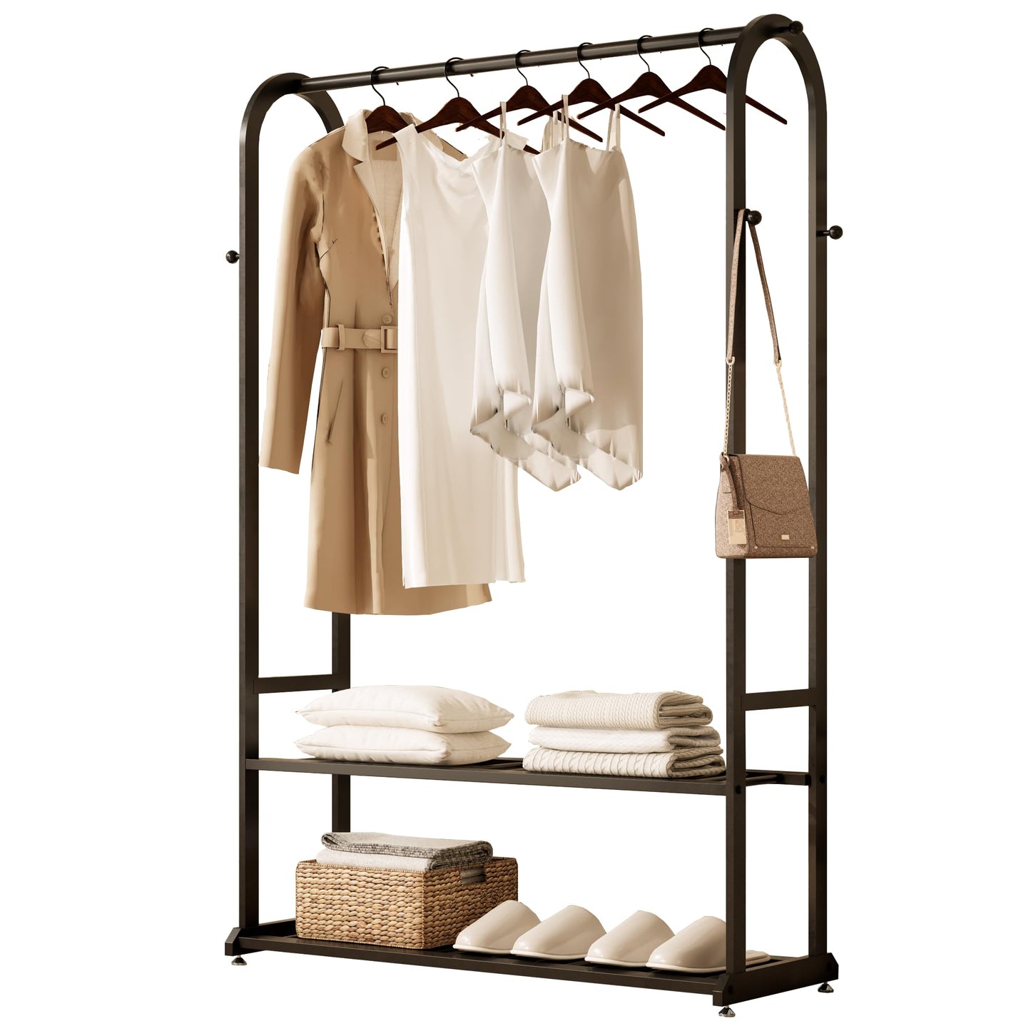 ZHBHYZ Sturdy metal clothes rack,Black freestanding clothing rack with bottom shelves and 6 side hooks,garment rack for hanging clothes,Modern wardrobe rack for Bedroom or cloakrooms
