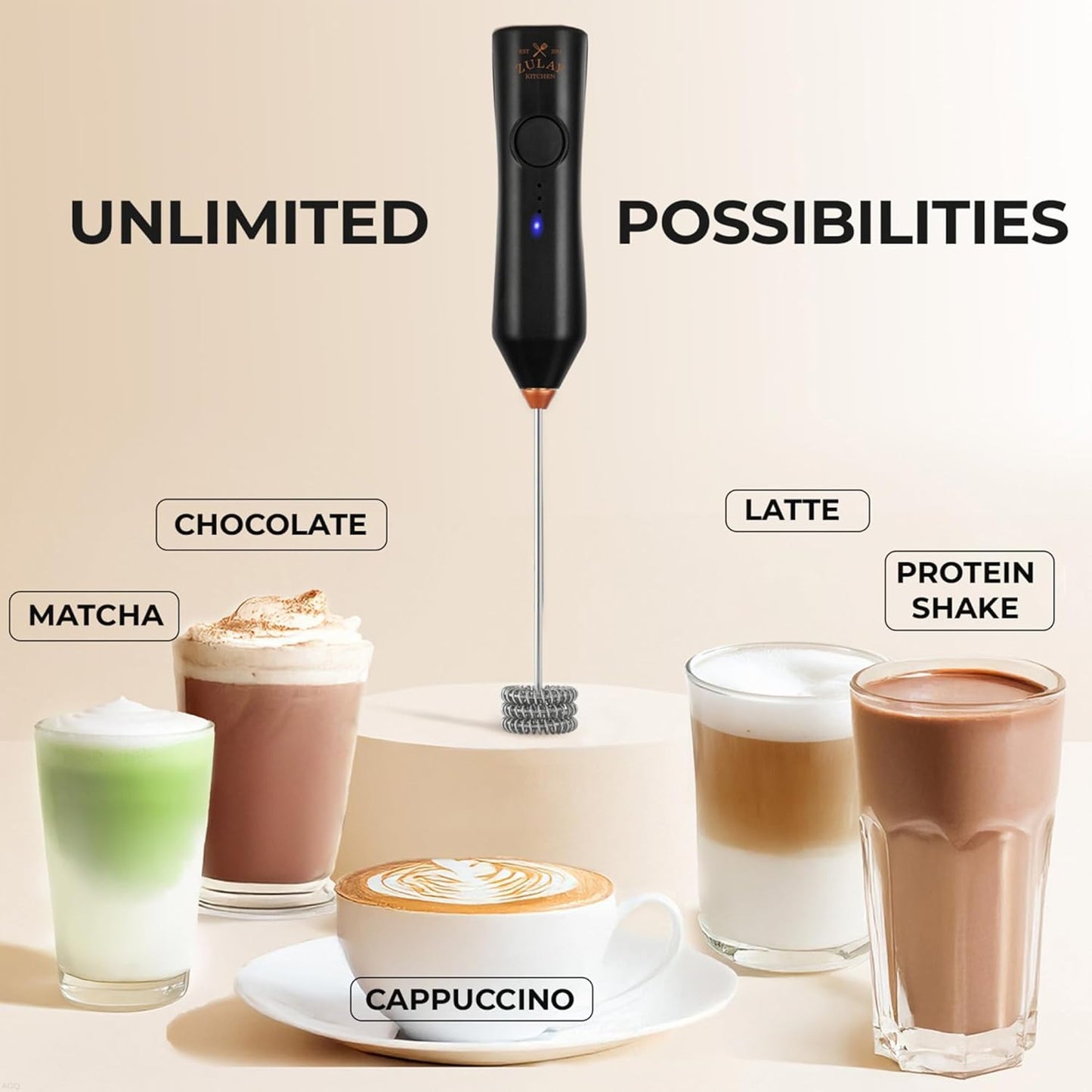 Zulay Kitchen Rechargeable Milk Frother - 3 Speeds & 3 Whisk Attachments - USB Charging for Lattes & Cappuccinos - Black Copper