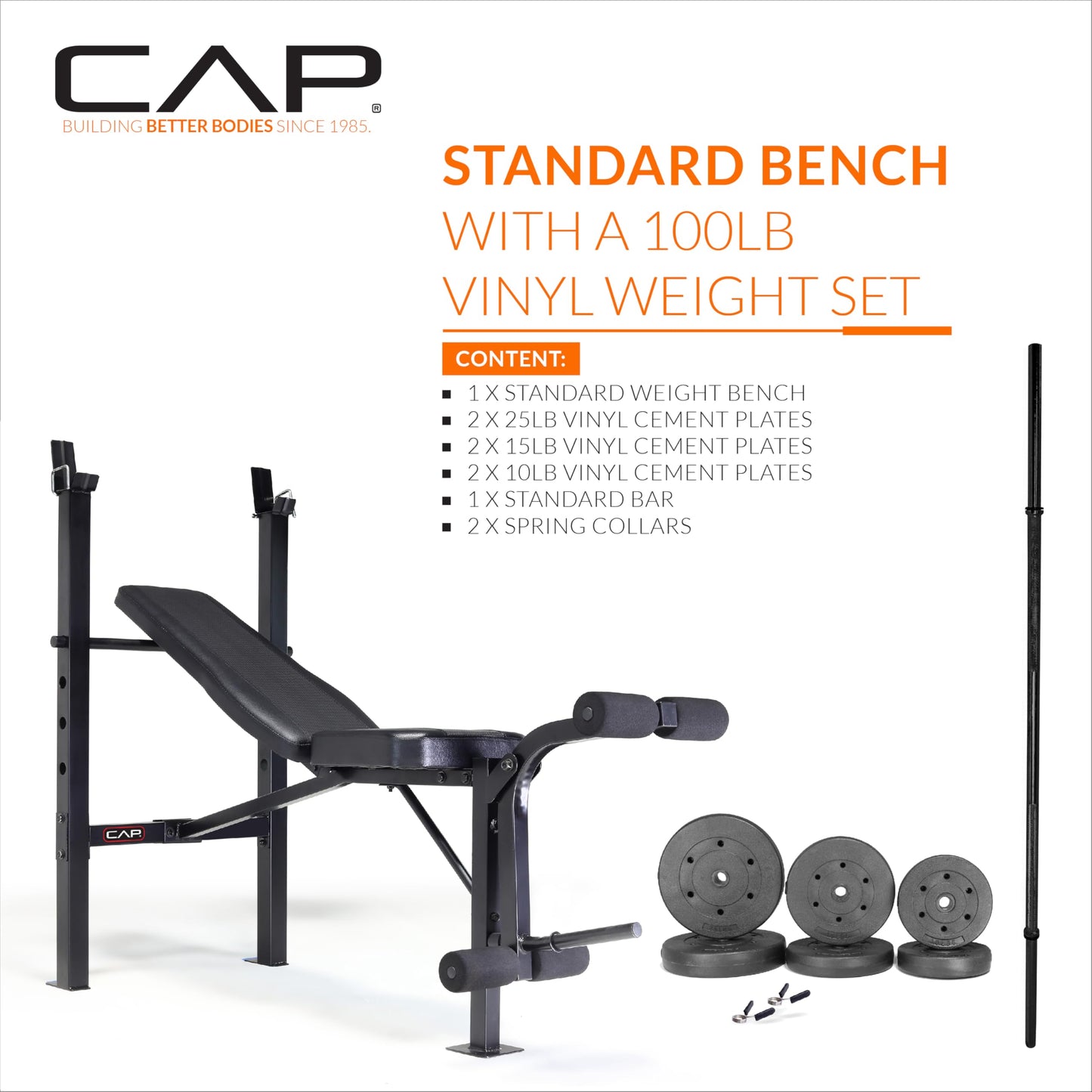 CAP Barbell Standard Weight Bench with Leg Developer and a 100 LB Vinyl Weight Set – Adjustable Backrest, Barbell, and Cement Plates for Home Gym
