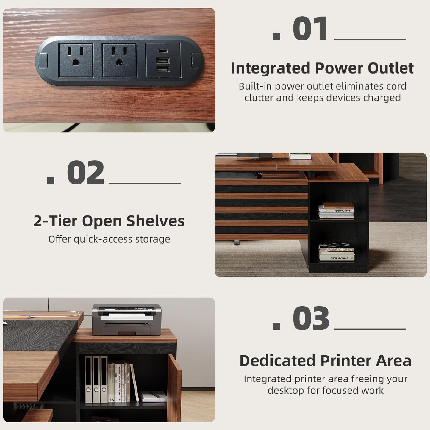 Epecoya Executive L-Shaped Desk with Storage Cabinet, 78-Inch Large Home Office Desks with Power Outlet and Lateral File Cabinet, Modern Computer Desk with Drawers and Open Shelf, Brown Black