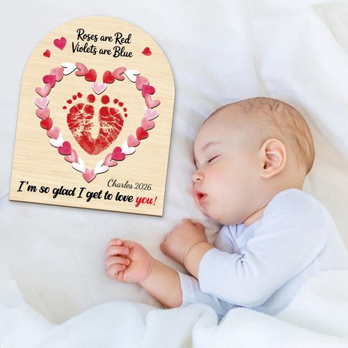 Baby's First Valentines Day Footprint Sign DIY Wooden Art Baby's First Valentine's Day Gift Babies Keepsake Milestone Nursery Decor (Heart)