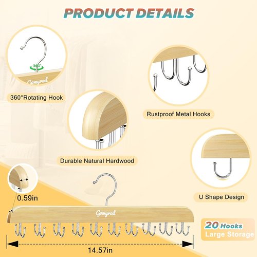 Gomyrod Bra Hanger - Space-Saving Wood Organizer with 20 Hooks | Holds 40 Bras, 360° Rotating Design