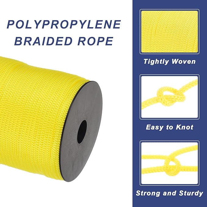 MECCANIXITY 5/32 Inch Polypropylene Rope Braided Ropes, 328ft Camping Rope Hollow Utility Cord for Clothesline, Hiking, Outdoor, Yellow