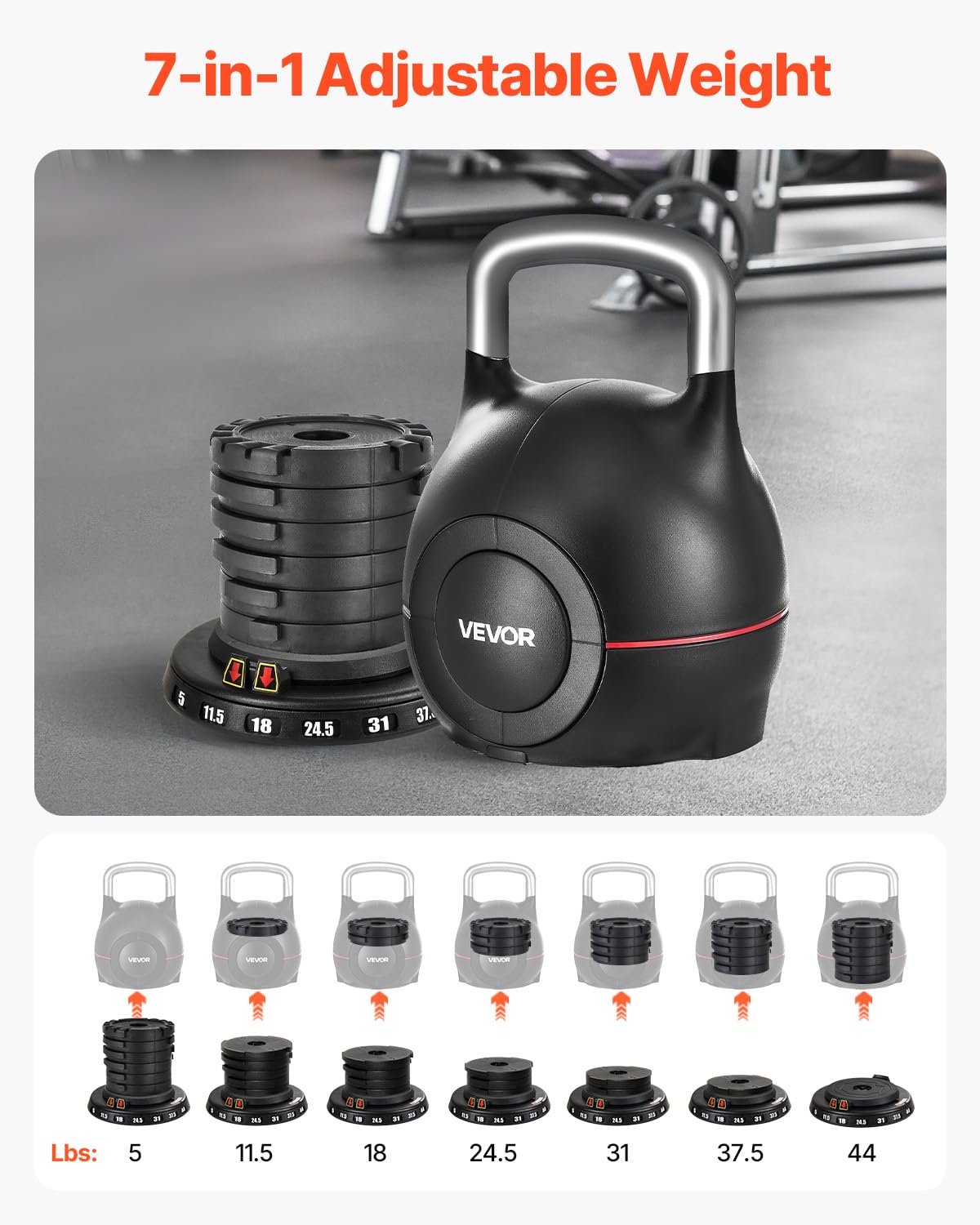 VEVOR Kettlebell, Adjustable Kettlebell with 7 Weight Levels (5, 11.5, 18, 24.5, 31, 37.5, 44 lbs), Die-Cast Aluminum and ABS Material, for Grip Strength Training, Full-body Workout & Cross-Training