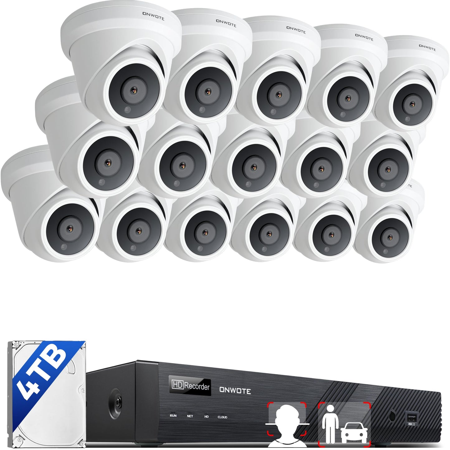 ONWOTE 16 Channel 4K PoE Security Camera System, Face Recognition & AcuSearch, AI Detection, 12MP 16CH Commercial NVR 4TB, 16x 8MP 134° IP Cameras with Audio, Total 1280ft Cables, CCTV for Business