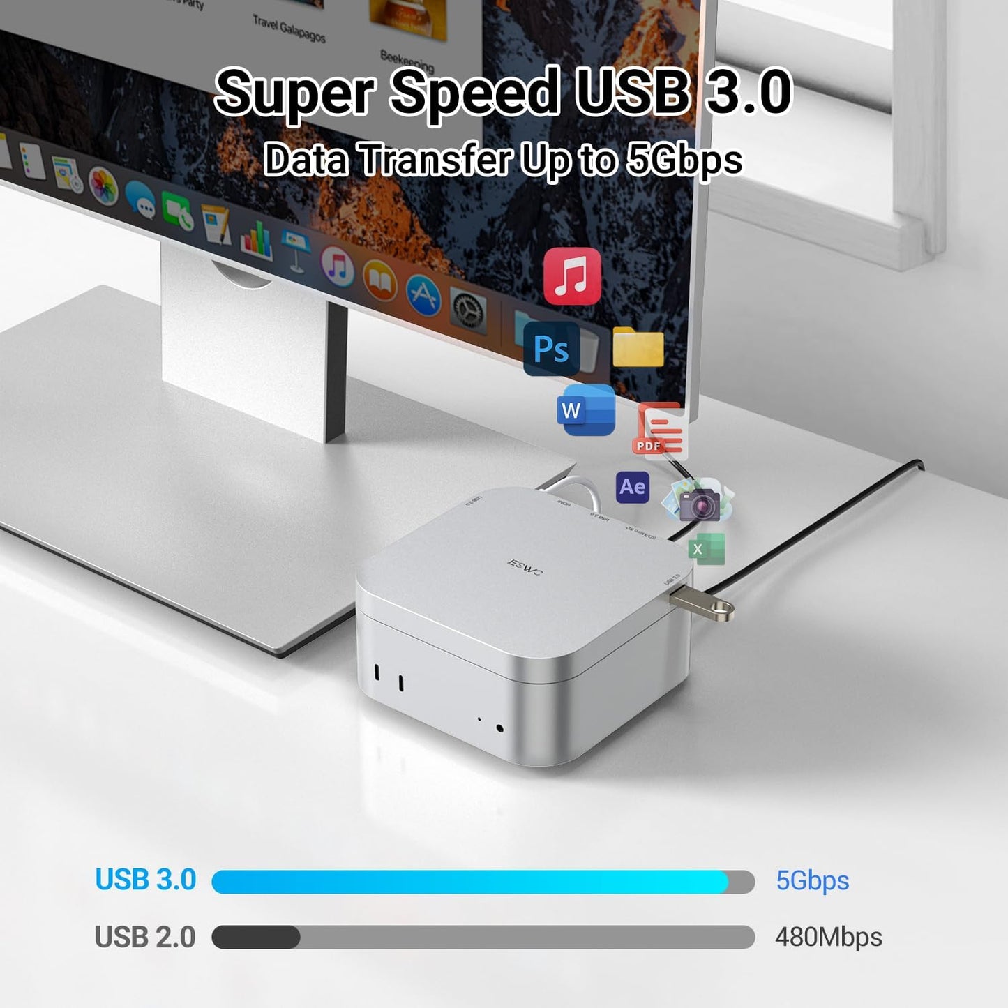 JESWO 6-in-1 M4 4K@60Hz 3 3.0 M4/M4 USB-C Dock for Mac mini HDMI, USB C Hub Multiport Adapter with USB C to HDMI, USB
