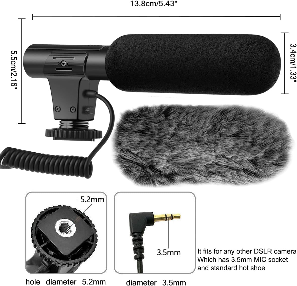 3.5mm (1/8") Camera Microphone, Video Microphone for DSLR Close Interview Shotgun Mic for Canon Nikon Sony Fuji Mic