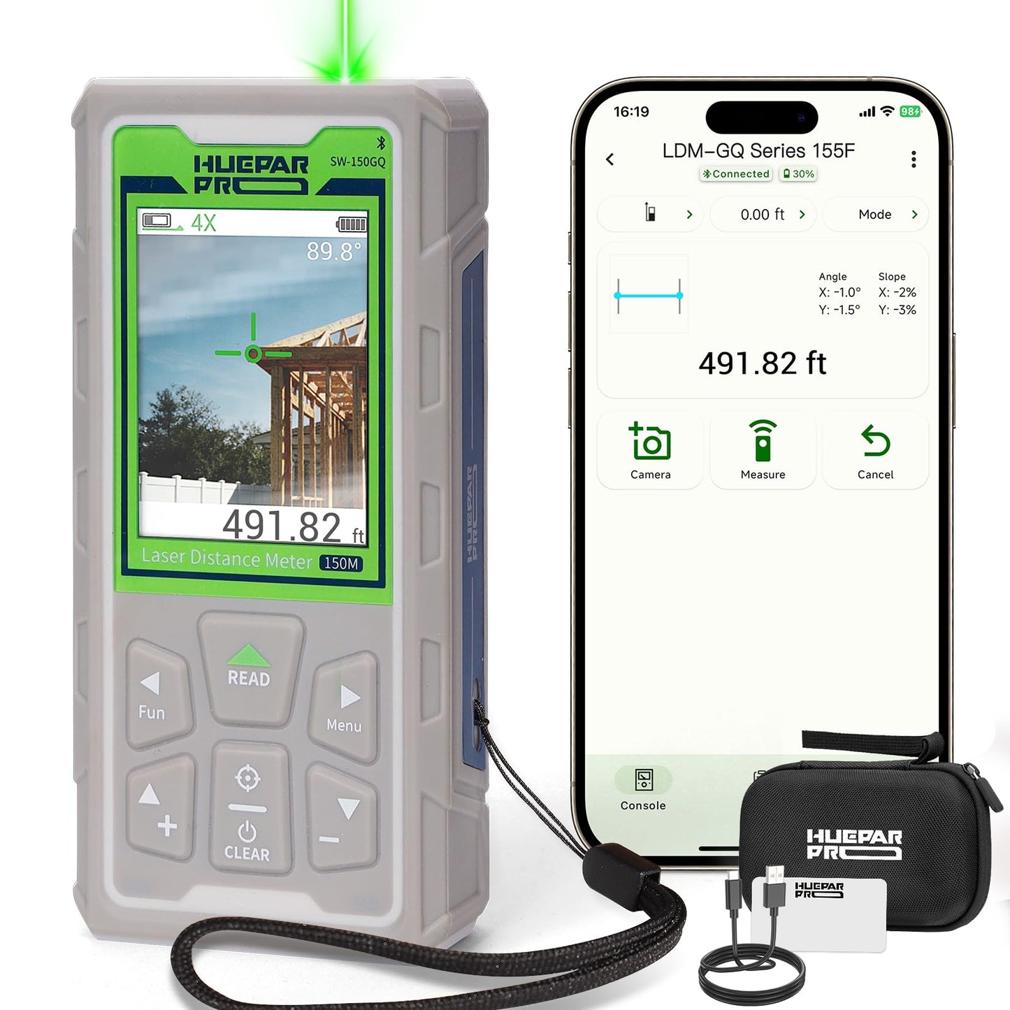 Huepar Pro Laser Measuring Tool, 495Ft Outdoor Laser Measure with Camera&Bluetooth Connected, Green Laser Distance Meter with P2P Technology, Free APP, IP68, Micro USB Cable, Hand Strap&Pouch-SW-150GQ