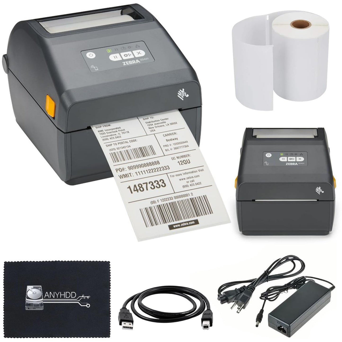 Zebra ZD421 (ZD4A042-D01M00EZ) USB/Bluetooth - Zebra GK420d Replacement, Direct Thermal Label Printer 203 dpi with 4x6 Thermal Roll + Power Adapter + USB 2.0 Cable + Microfiber Cloth Included