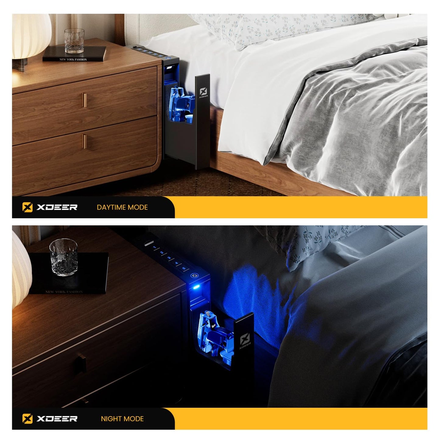 XDeer Biometric Gun Safe for Handgun, Slider Bedside Handgun Safe, 0.1s Quick Access Pistol for Nightstand, Bedside,Desk with Fingerprint, PIN Code, KEY Access 1PCS