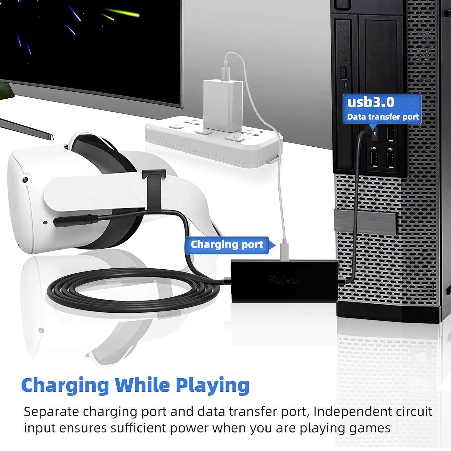 20FT 3S/3, 2, 3.0 Headset Kuject Design Link Cable for Quest Quest Quest Pro, with Separate Charging Port