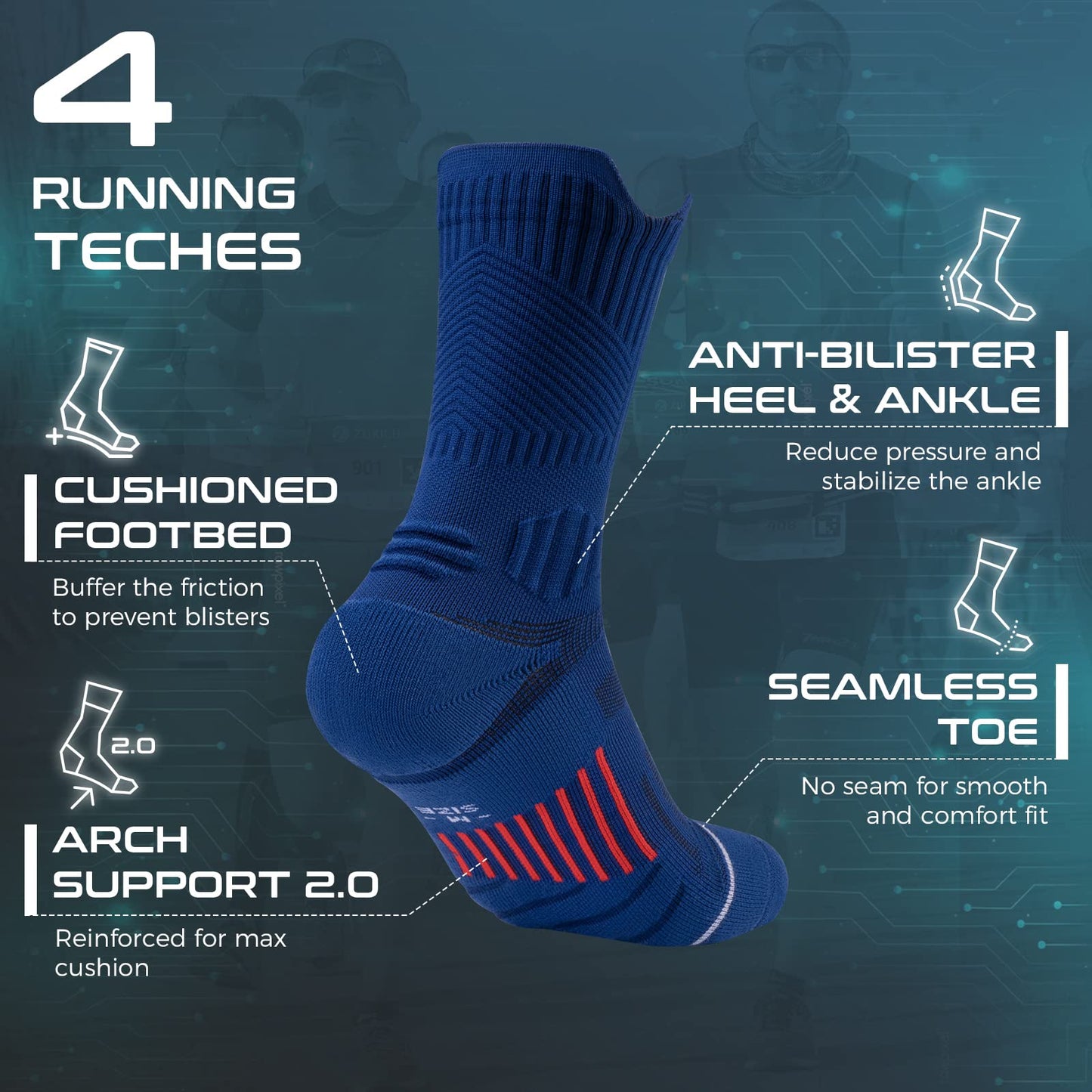 Rahhint Compression Running Socks 3 Pairs, Cushion Crew Socks, Anti-Blister Moisture Wicking Athletic Hiking Basketball Socks