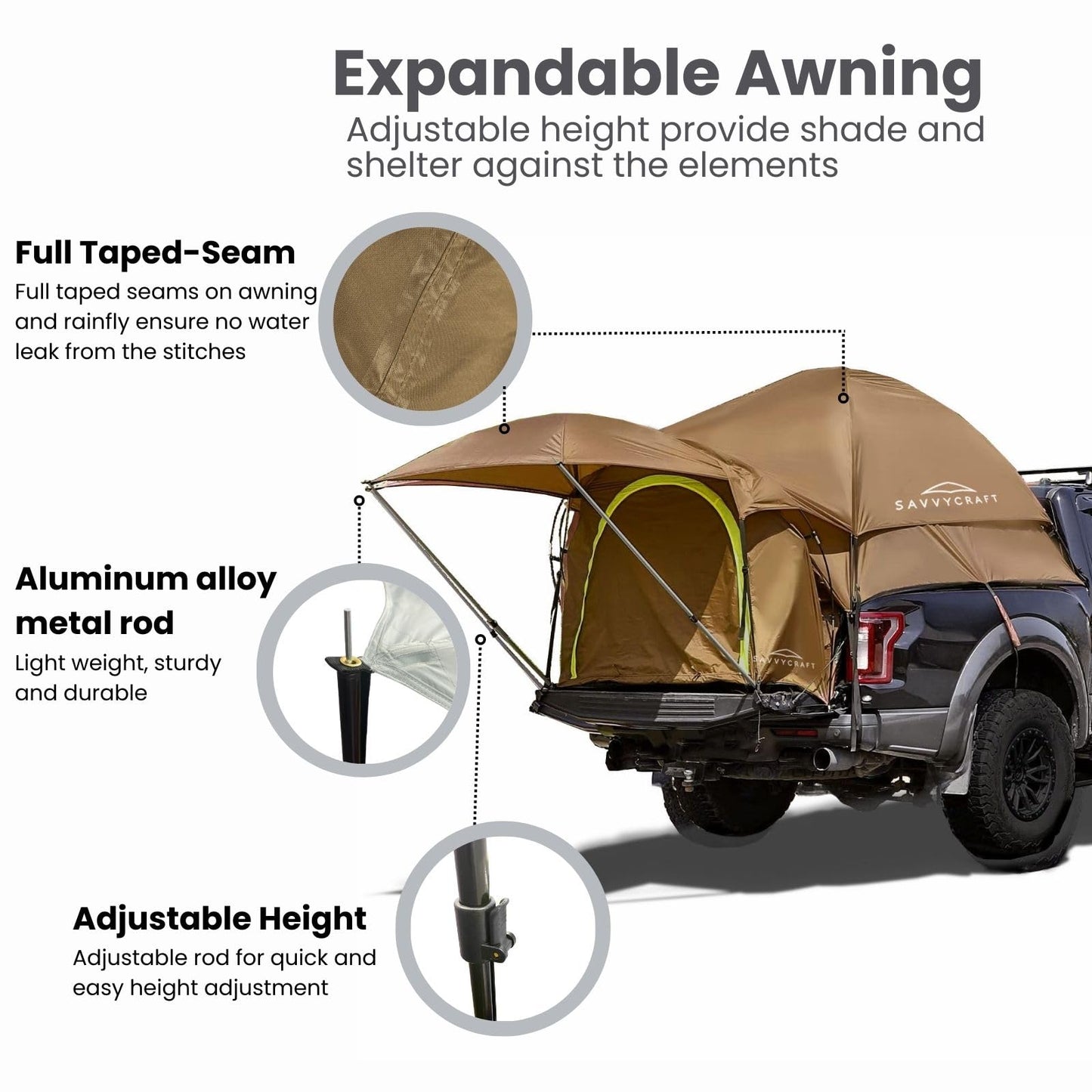 Savvycraft Pickup Truck Tent for Full Size Truck 8.0'-8.2' Long Bed, Waterproof P3000mm 2-Person Double Layer Truck Bed Tent Camping Tent, Expandable Awning, Rainfly, Storage Bag Included Brown