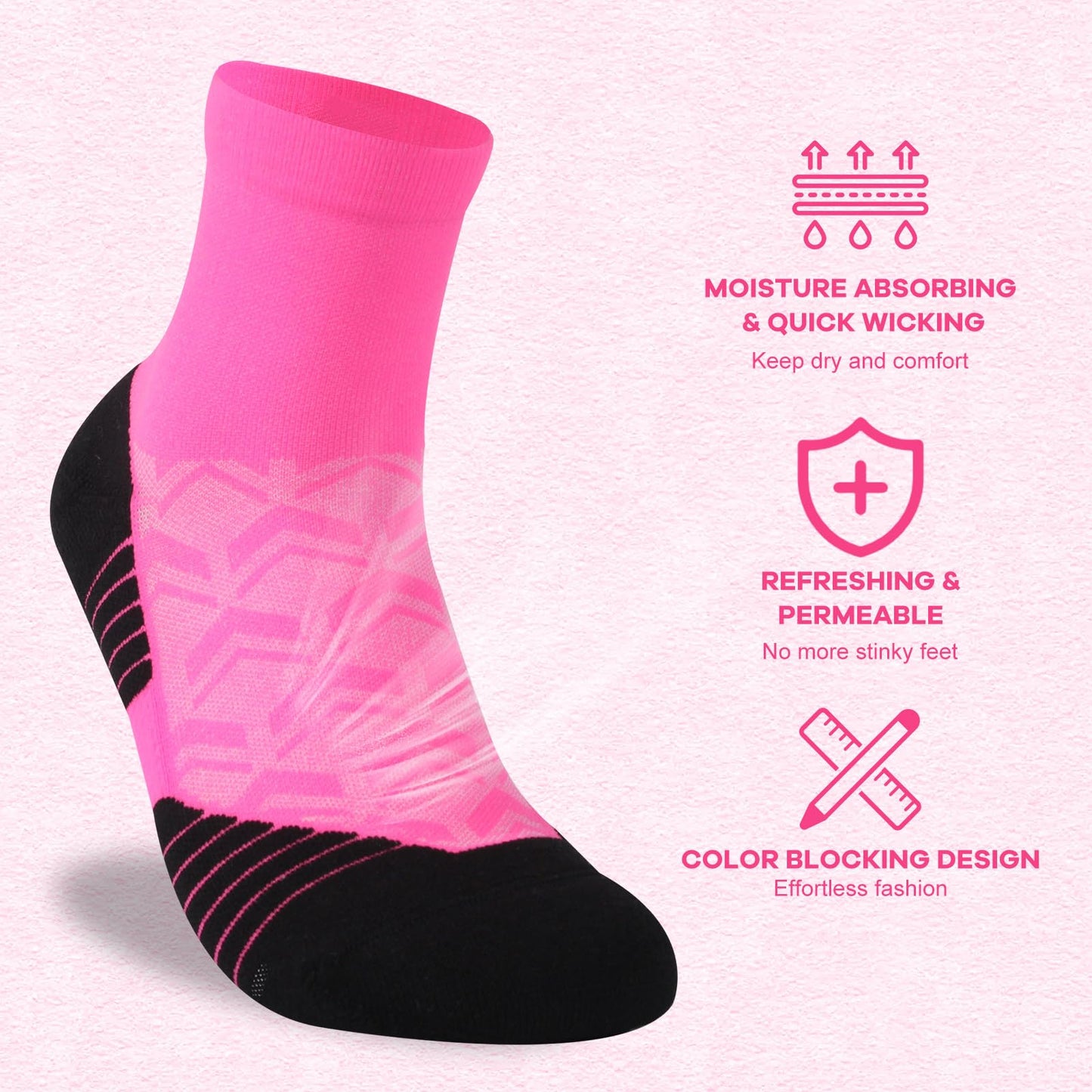 NIcool Athletic Socks Bright Pink For Womens, Cycling Socks For Men, Womens Pink Crew Socks, Mens Running Compression Socks Cushioned Mid-Calf Tennis Volleyball Neon Socks 3 Pair, Pink