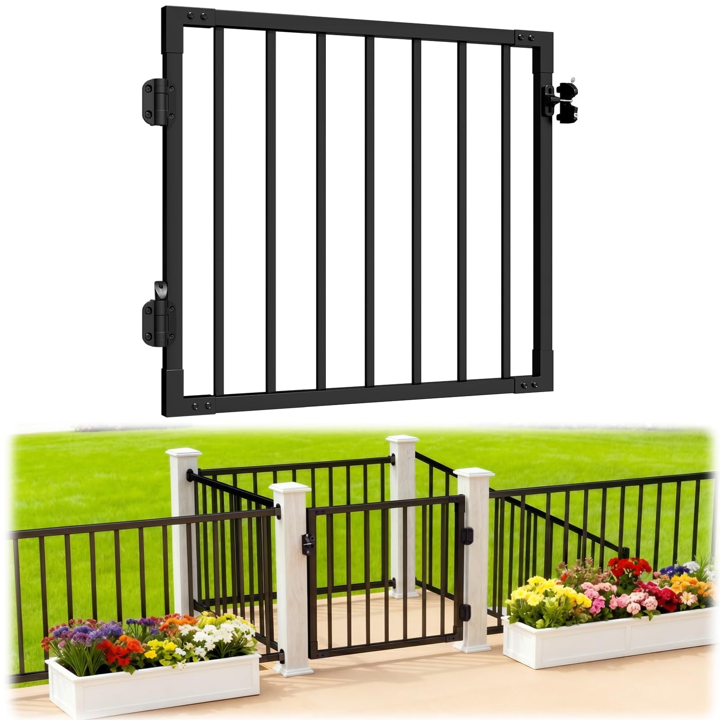 Guwezoy W.3ft x H.36in Outdoor Aluminum Deck Gate Kit, Cuttable Porch Gate with Latch and Auto-Close Hinge, AAMA 2604–Grade Texture Black Finish for Deck Railing, Patio, Porch, Garden & Yard