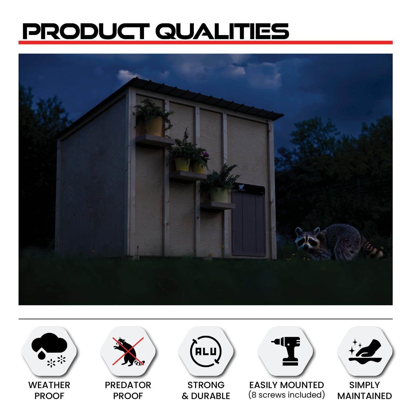 RUN-CHICKEN Door Giant – Large Automatic Poultry Coop Door for Ducks & Turkeys, Not for Chickens, Battery Powered/Solar Compatible, Heavy-Duty Aluminum, Predator Proof, Easy Install (Gray)