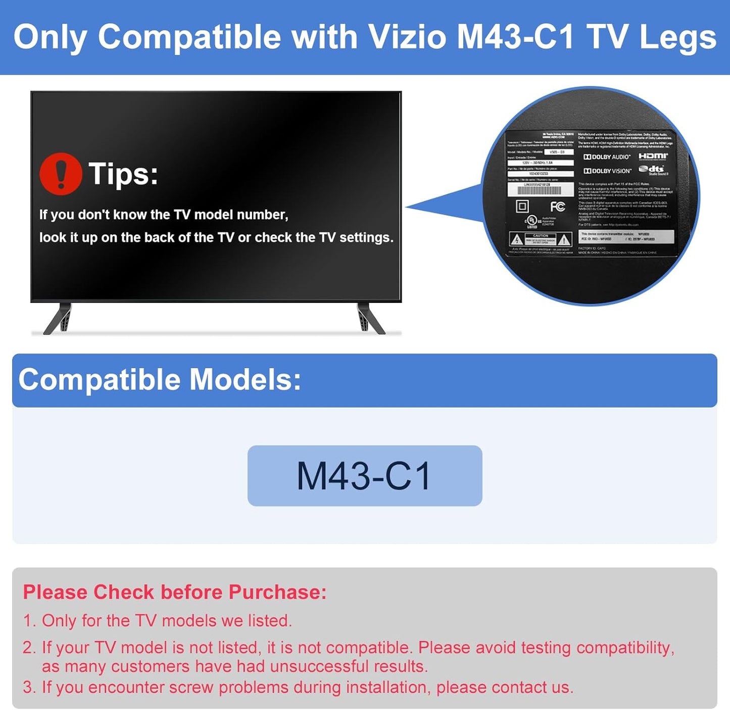 Yaotieci M43-C1, Set TV Stand Legs Only for Vizio TV Stand Legs Not for Other TV Models, Only for Vizio TV Replacement