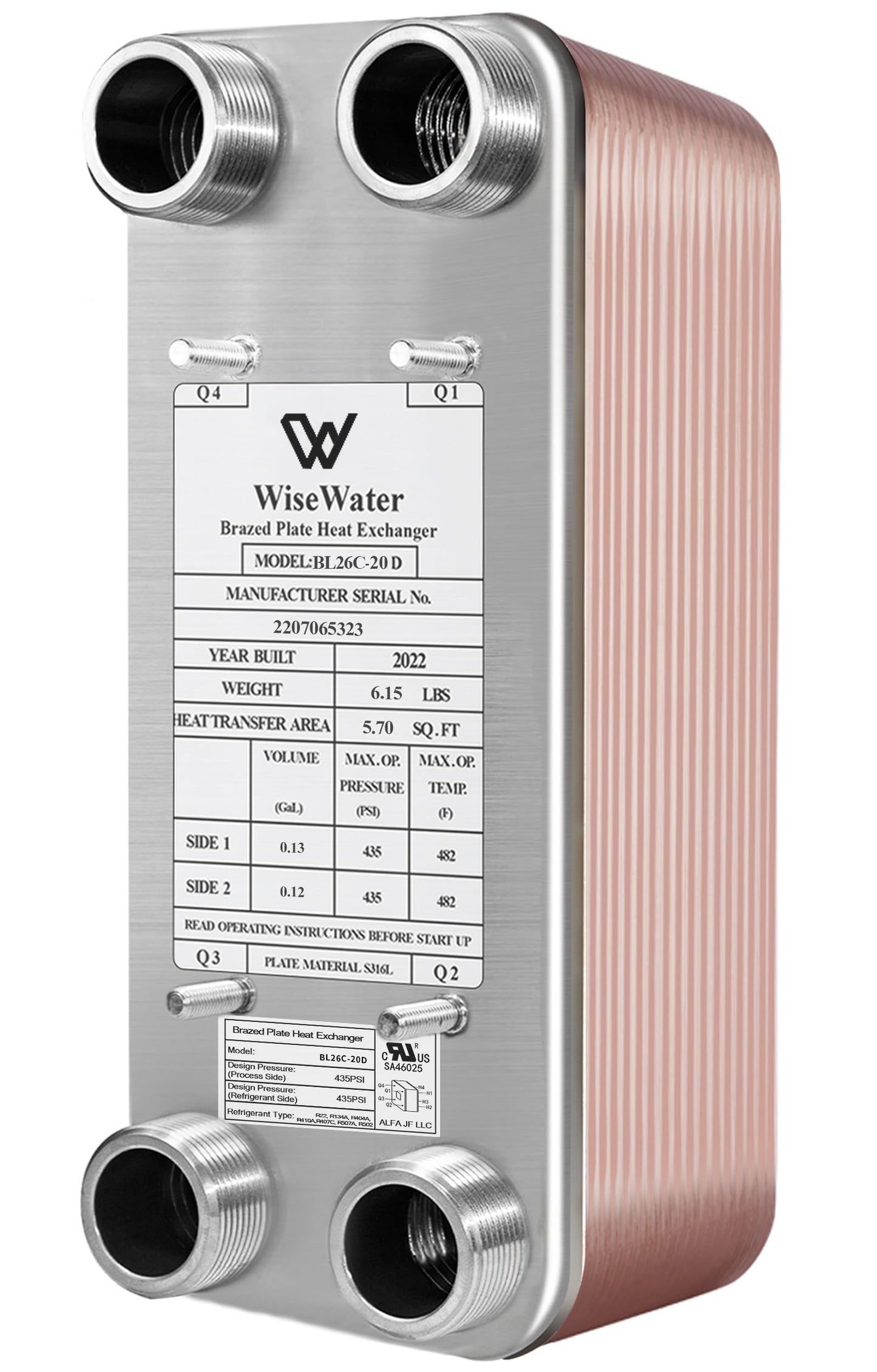Brazed Plate Heat Exchanger Stainless Steel SS316L 5"x12" 20 Plates 1 1/4" MPT 330,000 BTU/hr Hydronic Heating