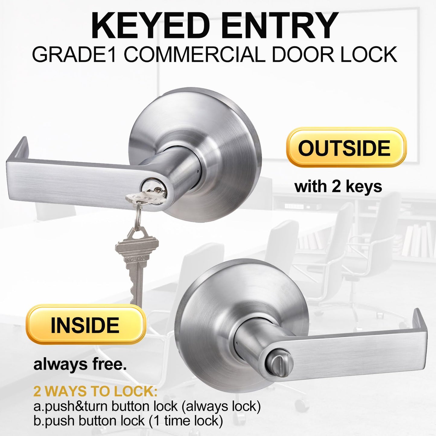 HISAFE Keyed Entry Grade 1 Commercial Door Locks Heavy Duty Office Door Lever, Non-Handed, UL 3 Hour Fire Rated, ADA Compliant, Brass Latch, 2-3/4''Backset, Satin Chrome 26D