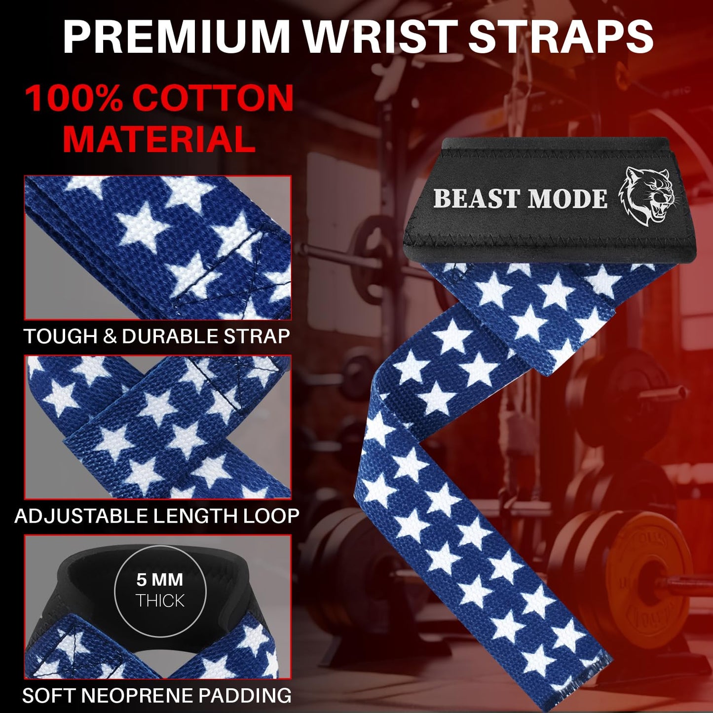 TECEUM Lifting Wrist Straps with Neoprene Padding Support – US Flag – Queen of Lifts – Heavy Duty Wrist Workout Straps For Men and Women – Ideal for Powerlifting, Strength Training, Bodybuilding