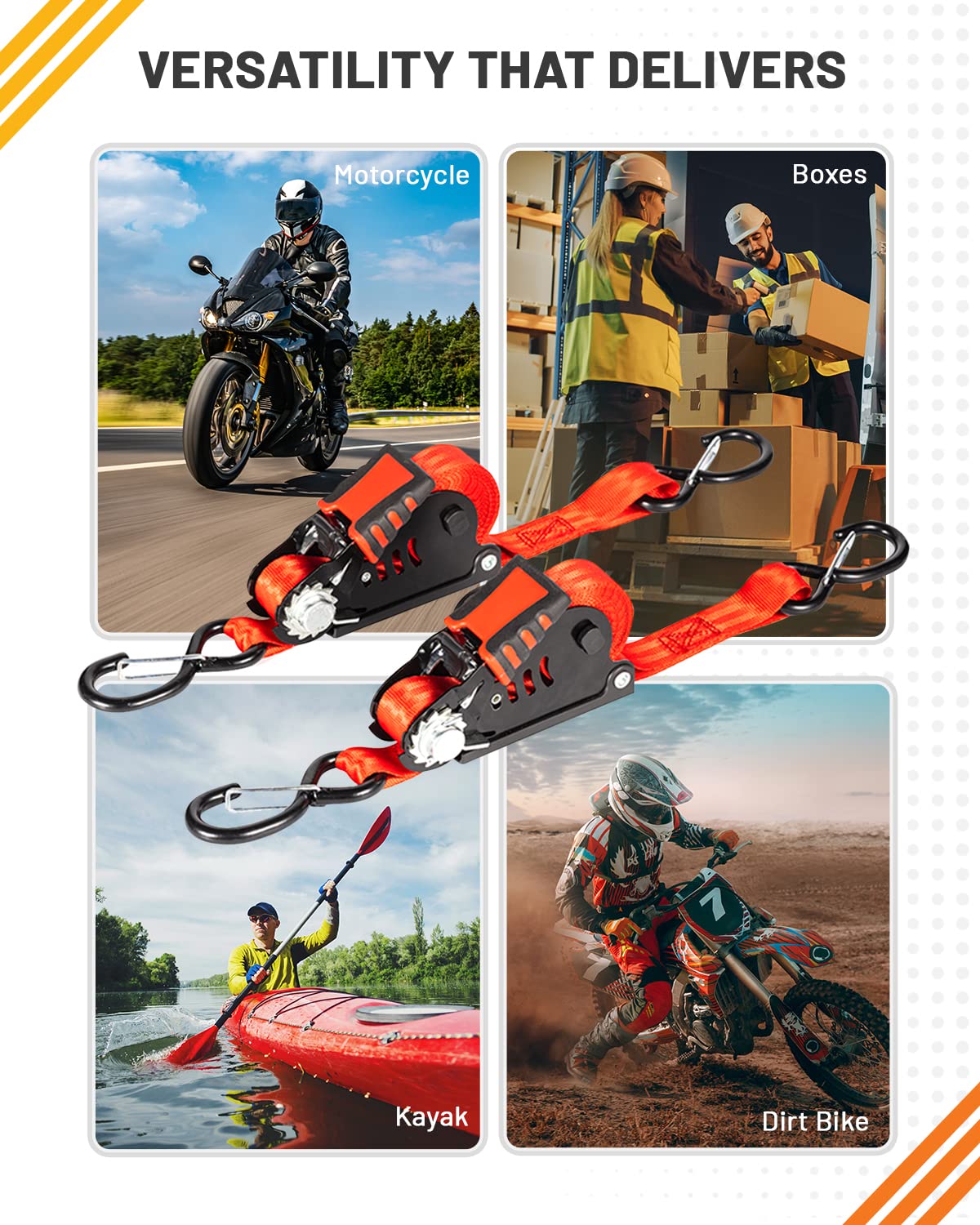 Strapinno Retractable Ratchet Straps - 1 in x 12 ft Heavy Duty Tie Downs, 1800lbs Breaking Strength Each, S Hooks with Safety Clip, AutoRetract, for Moving, Motorcycle, Boat, Kayak, and Cargo (4 PCS)