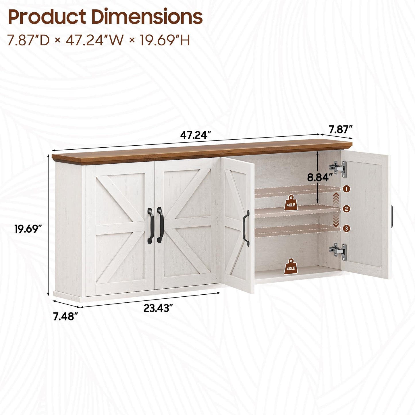 Halitaa 47" Laundry Room Cabinets and Storage with 4 Doors and Utility Adjustable Shelf, Large Wall Mounted Storage Cabinet, Upper Kitchen Cabinet for Laundry, Bathroom, and Kitchen, White and Brown