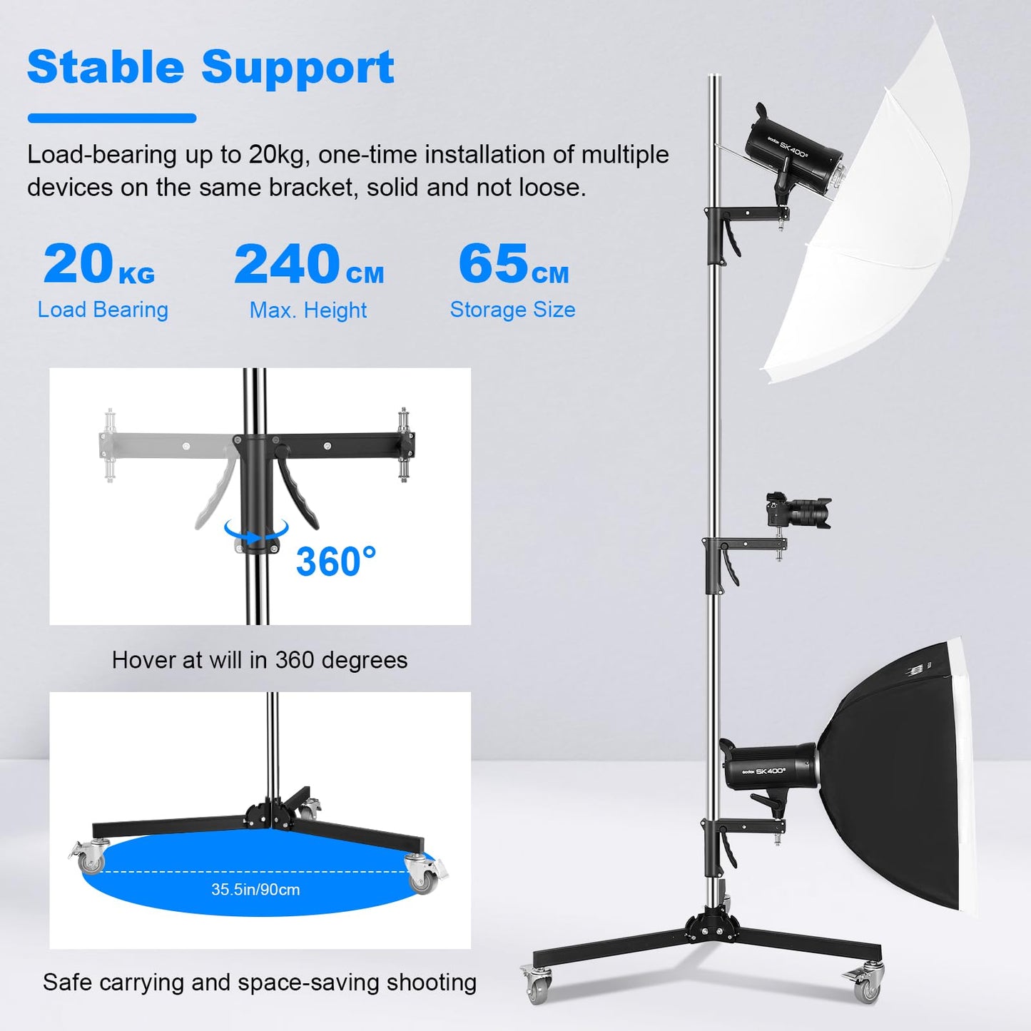 Heavy Duty Pistol Grip Stand, 2.5m/8.2ft Photography Rolling Light Stand with Casters & A Sliding Arm Max Loading: 20kg/44lb Stainless Steel for Photography Studio Monolight Softbox