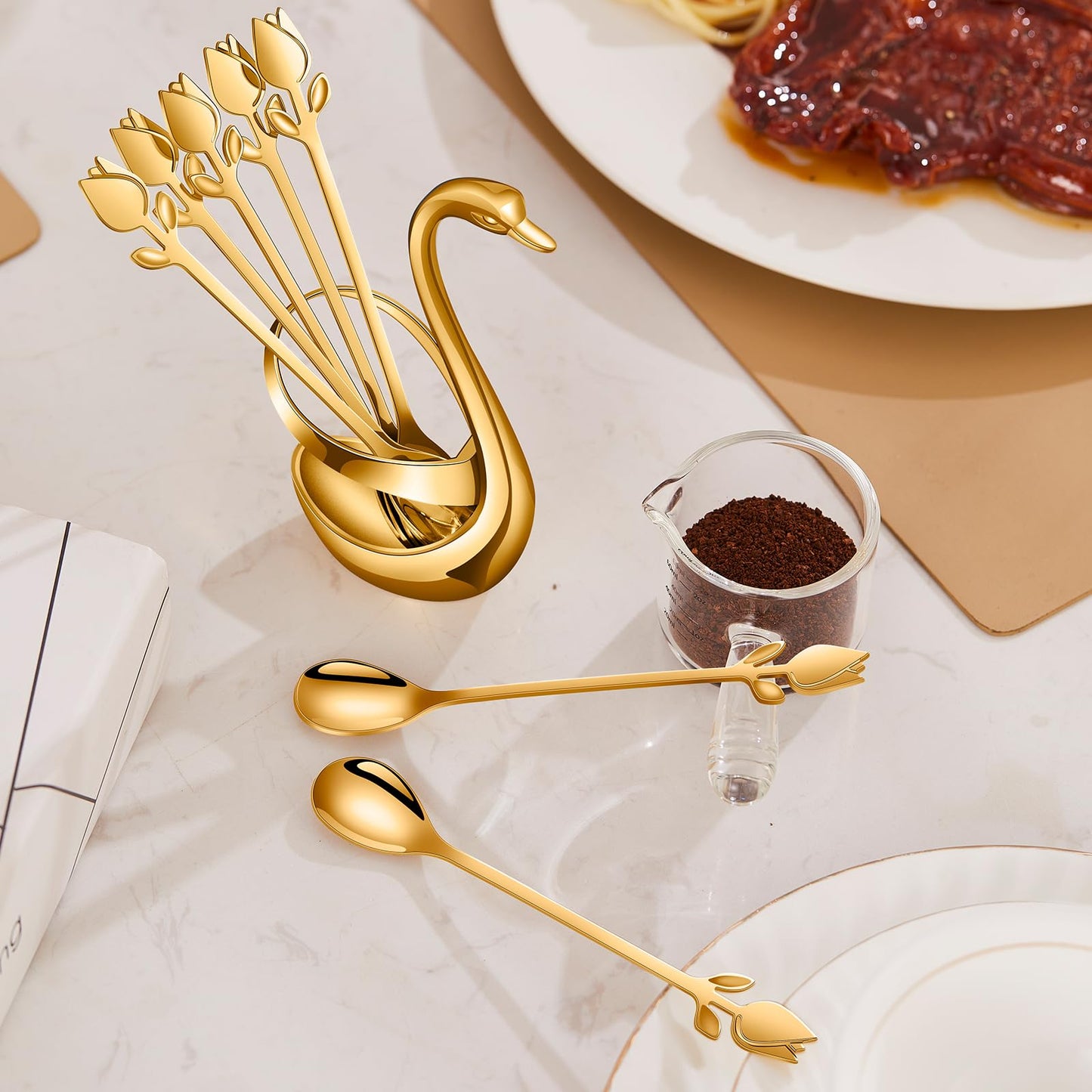 SGVRPVZ Gold Small Coffee Spoon Holder Set,Swan Base With 12 Pcs Demitasse Espresso Spoons Set,6" Mini Tulip/Rose Dessert Spoon,Stainless Steel Tea Spoons