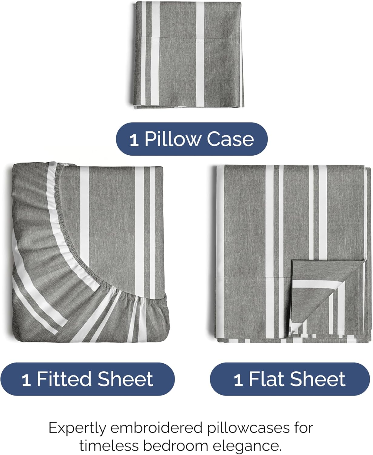 Skiennix Twin XL 3-Piece Sheet Set - Comfy Cooling Bed Sheets with Deep Pockets - Grey Stripes