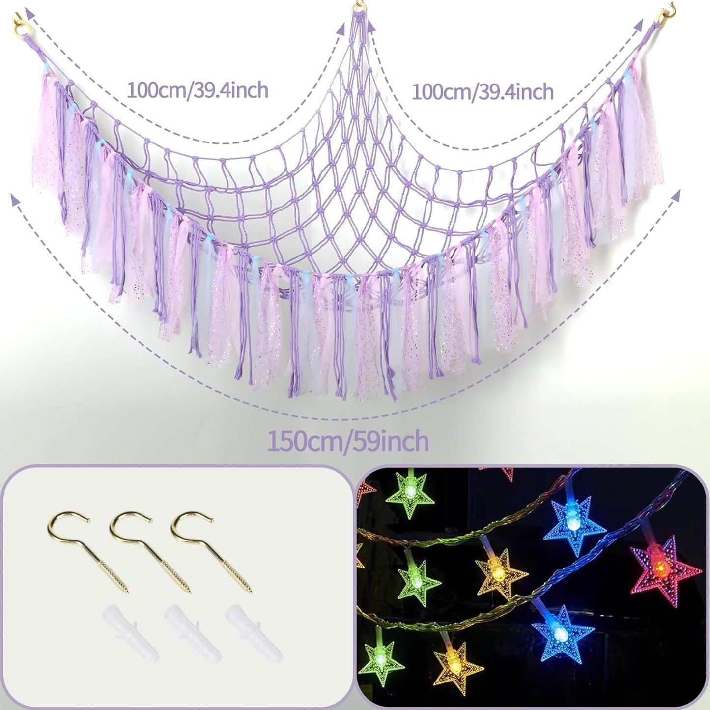 Skiennix Stuffed Animal Hammock with LED Lights - 59-Inch Plush Toy Storage Net for Kids' Rooms | Handwoven Purple Decor