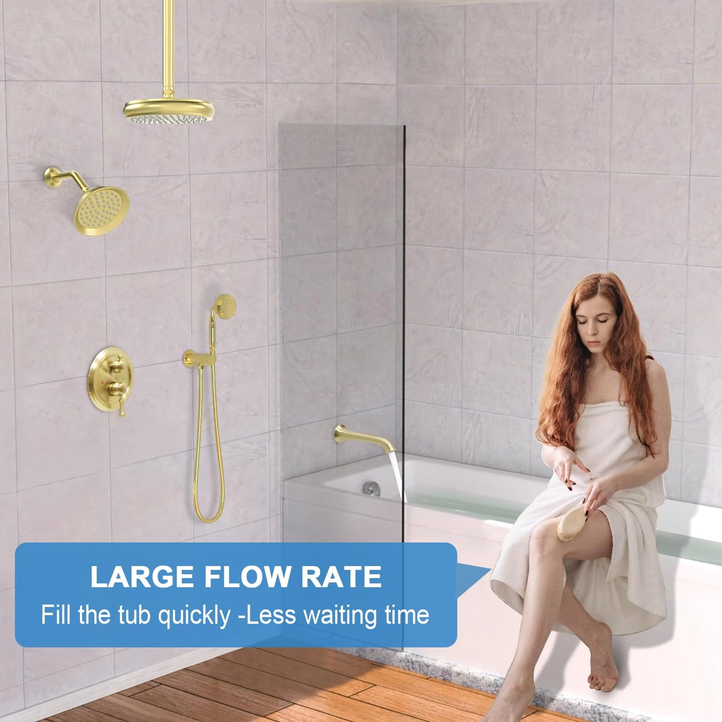 Enga Antique Shower Faucet Sets Dual Heads with Tub Spout 8" Ceiling & 6" Wall Mount Vintage Shower Head Handheld Spray Combo, 4 Way Diverter Brass Rough in with Trim Kit, Brushed Gold