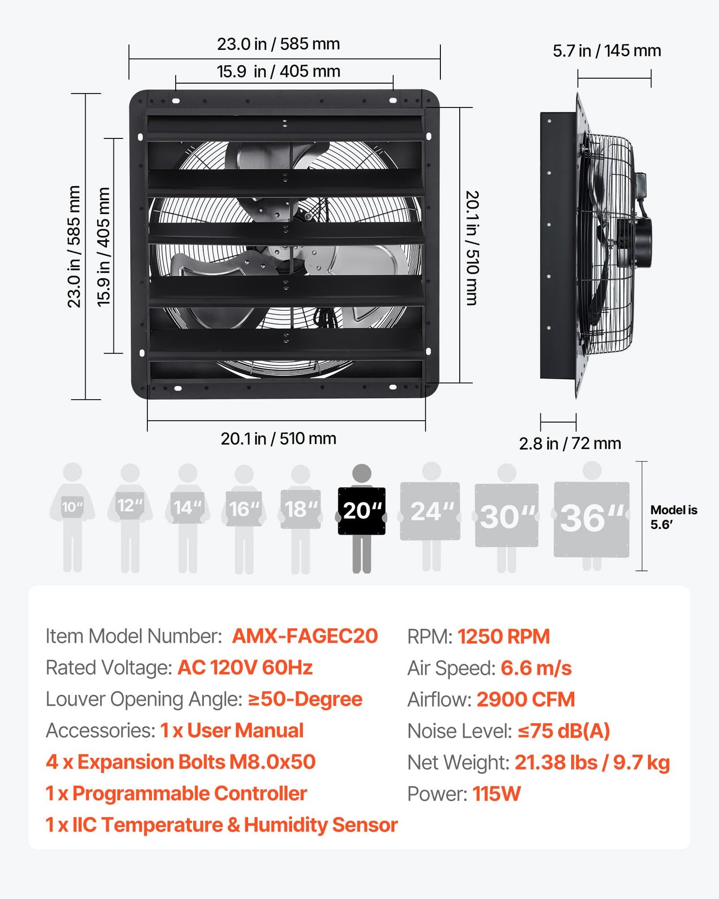 VEVOR 20 inch Exhaust Fan, Wall Mounted Attic Fan with Variable Speed, Temperature & Humidity Controller, 2900 CFM, Automatic Shutter