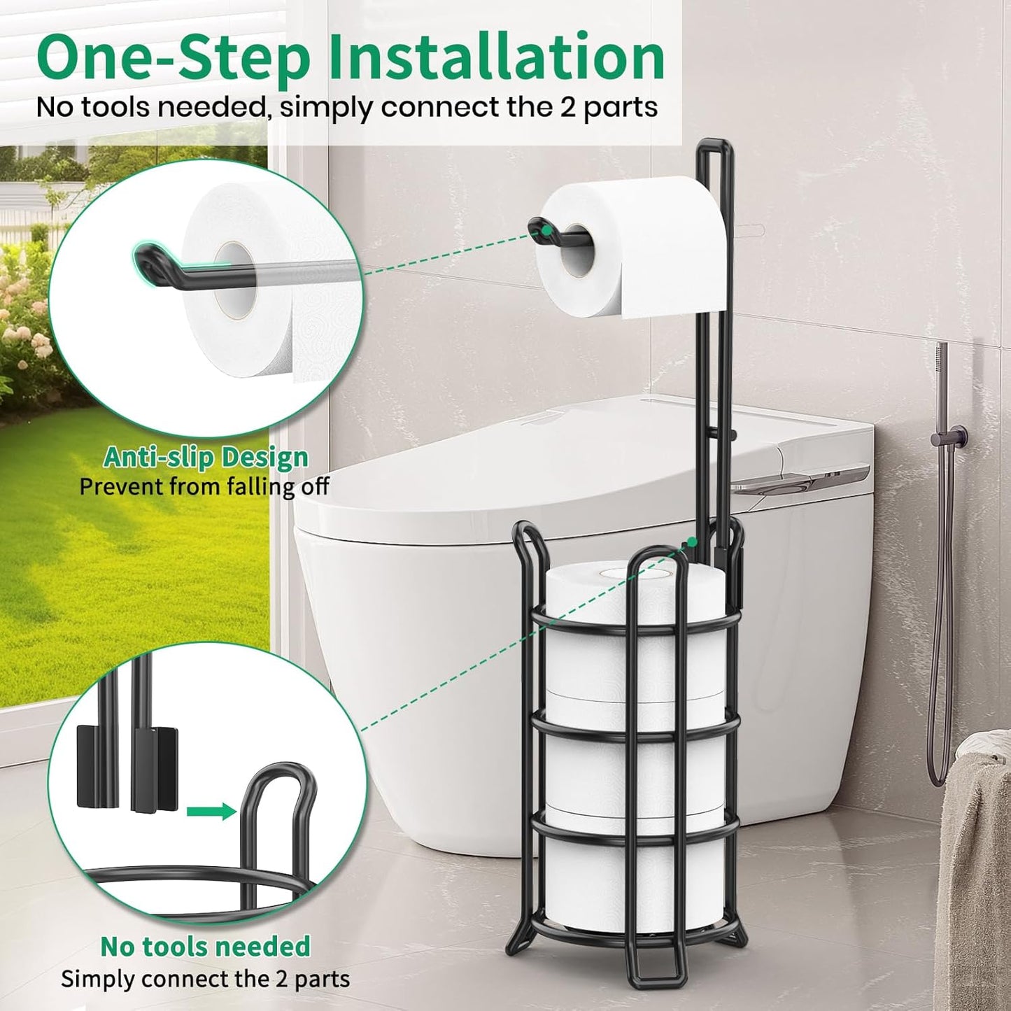TomCare Toilet Paper Holder - Free-Standing Metal Wire Dispenser for 3 Spare Rolls | Black Bathroom Organizer