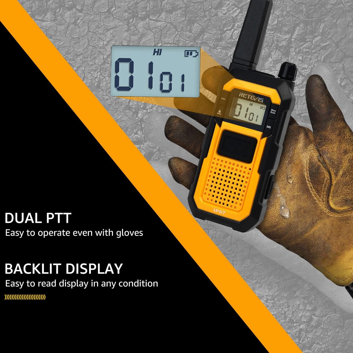 Retevis RB48 IP67 Waterproof Walkie Talkies Long Range, MIL-STD-810H Heavy Duty Two Way Radio, Rugged & Large Front PTT, Vibration Alert, NOAA, Floating, for Construction Job Site (4 Pack) Yellow