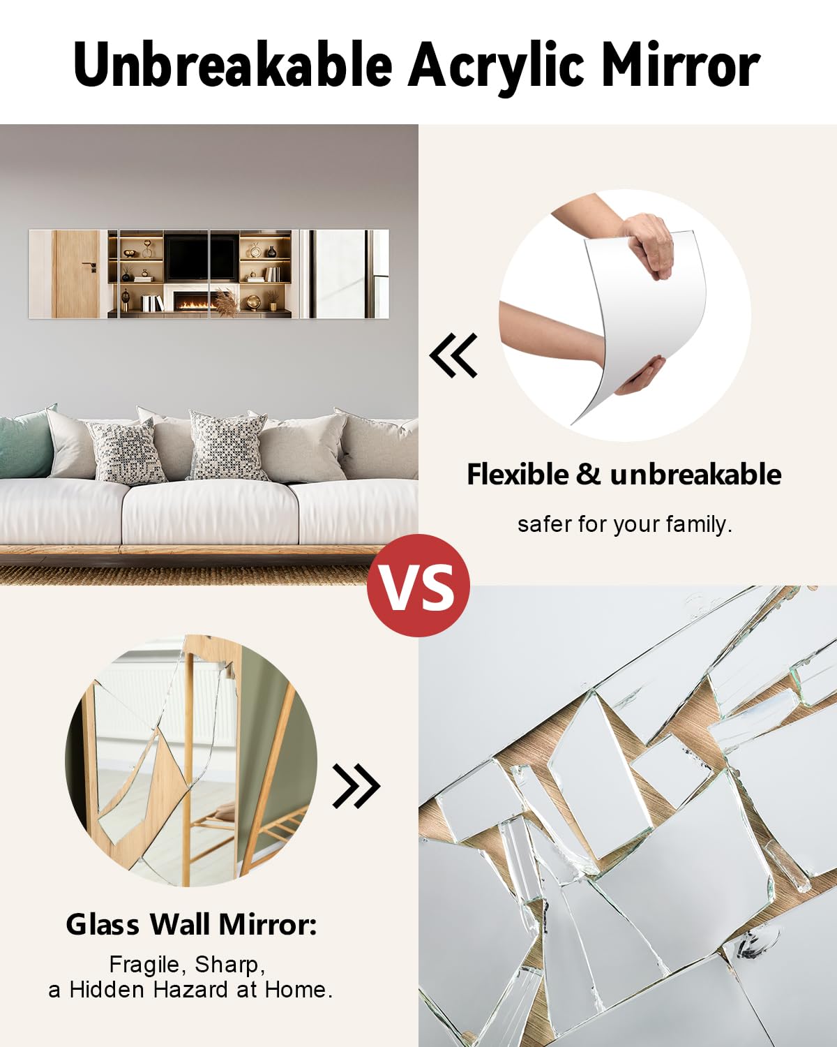 Home Gym Mirrors 12 Inch x 12Pcs Full Length Mirror Tiles Acrylic Unbreakable Wall Mounted Mirror Frameless Full Length for Home Gym, Bedroom, Door
