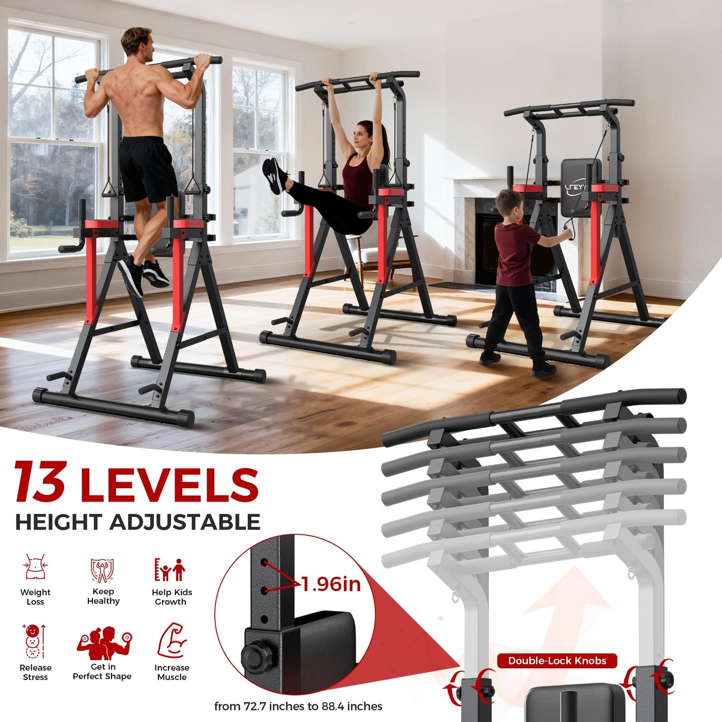 Power Tower Pull Up Bar Free Standing,13-Level Adjustable Height Dip Station with X-Frame Stability, Multi-Grip Handles, Backrest, Home Gym Strength Training Equipment 400LBS