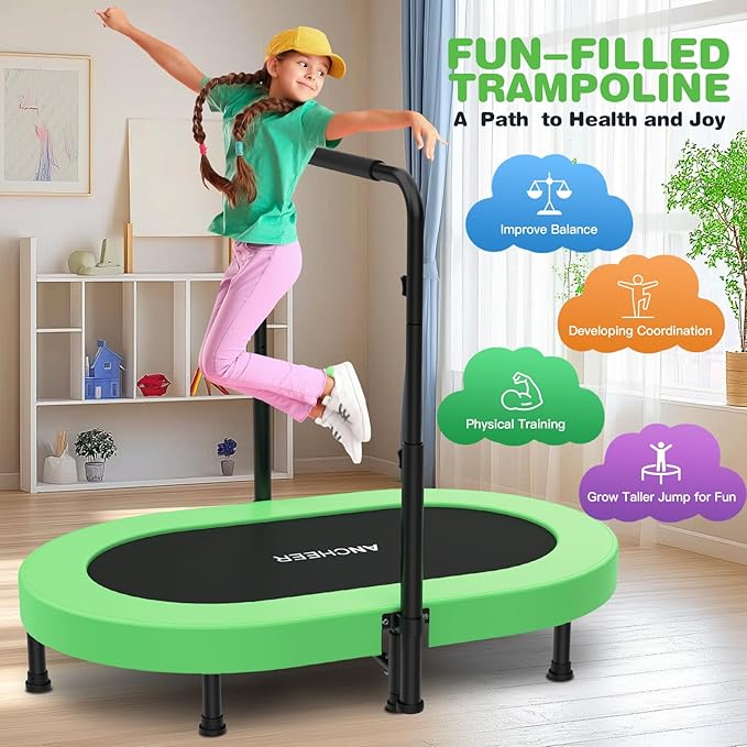 ANCHEER 56'' Foldable Mini Trampoline with Adjustable Handle - Indoor/Outdoor Rebounder for Kids & Toddlers Safe Oval Fitness Trampoline with Bar for Home Fun