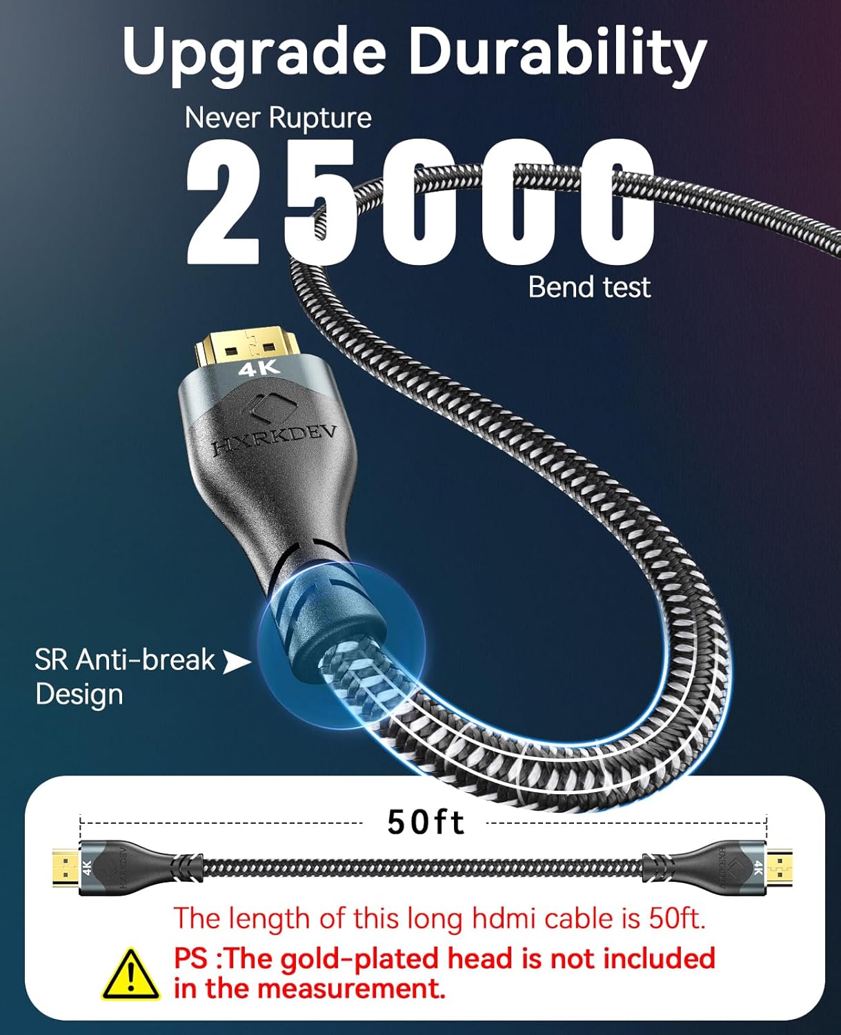 4K 50 2.0 4K@60Hz/2K/1080P/3D PS5/PS4 Long Hdmi Cable ft, HDMI Cable Braided, ARC/Ethernet Gold Plated HDMI Cord, Ultra