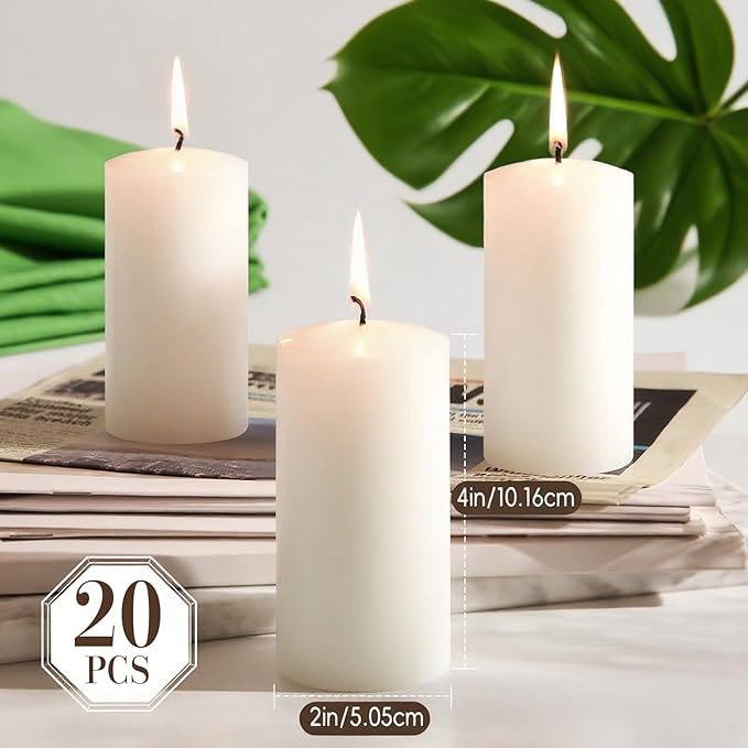 Set of 20 Pillar Candles, Unscented White Wax Pillar Candle with 30 Hours Burn Time, 2x4 Inch, Elegant Decorative White Candles for Weddings, Centerpiece, Home Decor