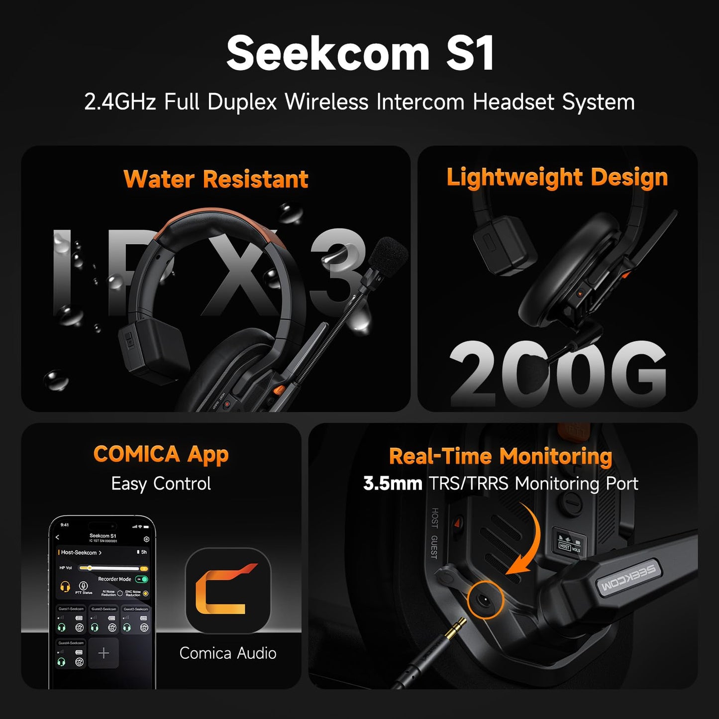 COMICA Seekcom S1 Wireless Intercom Headset System, 2.4GHz Full-Duplex Communication Headsets with 500m/1640ft Range, Noise Reduction, One-Key Broadcasting & Talk Modes for Live Show, Events (2 Sets)
