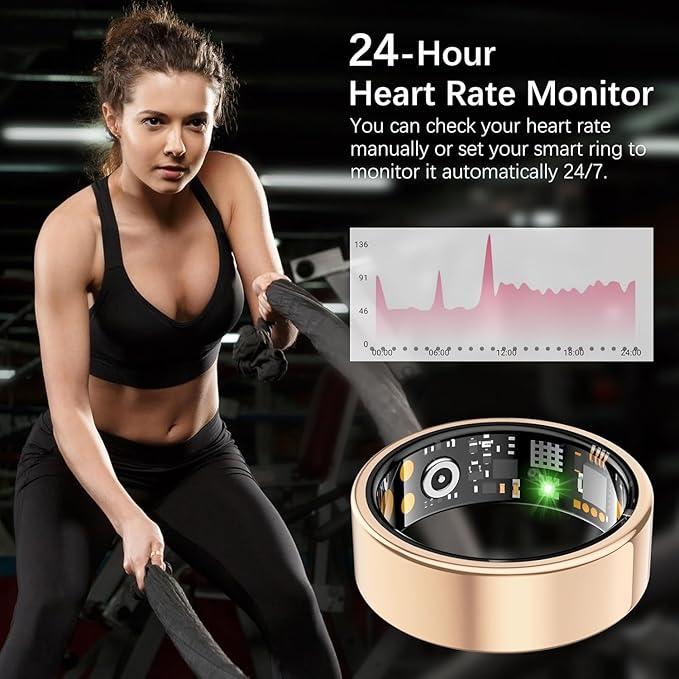 Ring Health Tracker for Women Men, Fit Ring with Heart Rate, Blood Oxygen, Sleep Monitor, Calories, Step Counter, IP68 Waterproof Smart Ring for iPhone & Android, No Subscription Fee (Rose Gold 13#)
