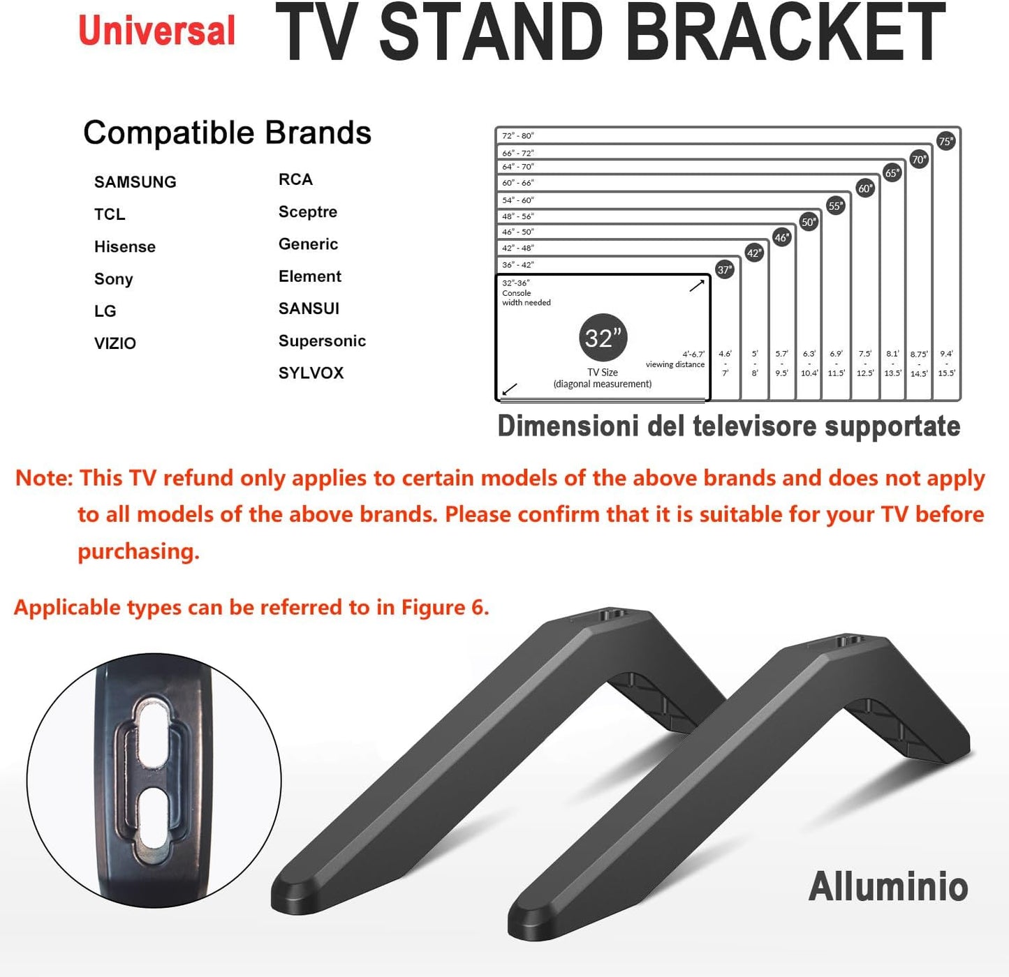 32-80in) Metal Base Stand for TCL Smart Tvs,TV Replacement feet - Fit for Select Models for Samsung, Hisense, Roku,LG